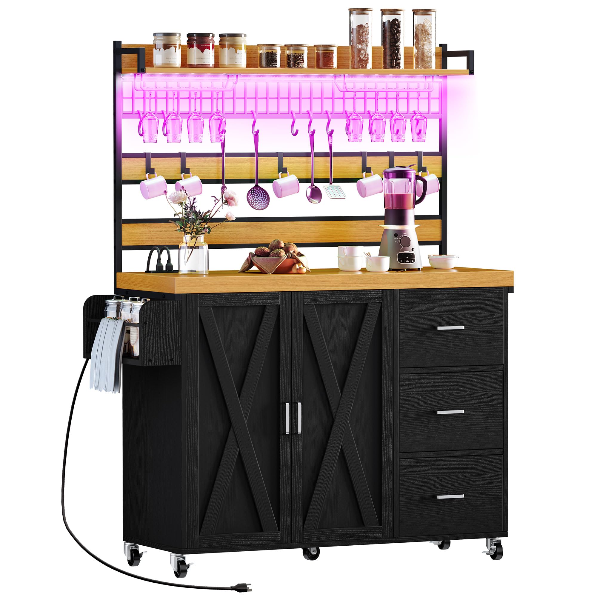 DWVO Farmhouse Kitchen Island with Power Outlet, Large Rolling Island with LED, Baker Rack Cart with Wine Rack, Microwave Cart on Wheels with 3 Drawer & Tall Shelf & Spice Rack & Cup Hanging, Black