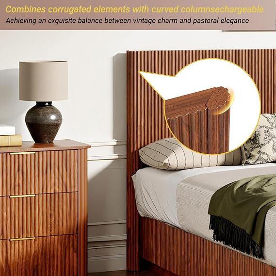 Queen Bed Frame, Wooden Queen Size with LED Lights & Fluted Design, Modern Platform Bed Frame with Curved Lines Headboard, Heavy Duty Steel Slats, No Box Spring Needed, No Noise (Walnut)