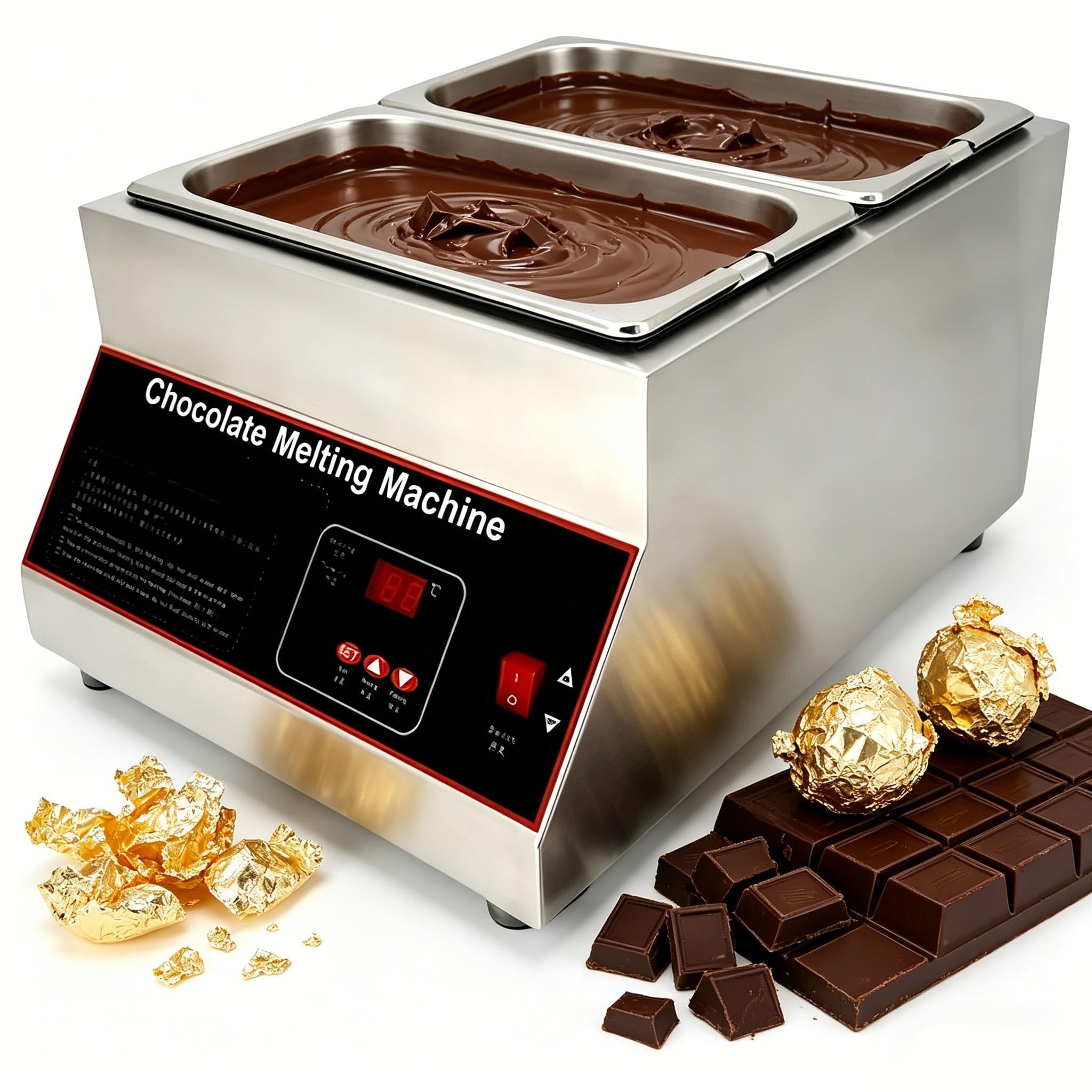 Fusore Commerciale per Cioccolato in Acciaio Inox da 0 a 95 °C, Fusore Elettrico Commerciale per Cioccolato con Coperchio per Catering, Ristoranti, Mense e Feste in Casa 2tank