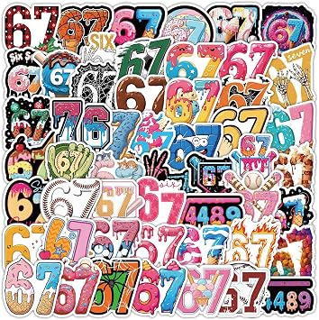 53pcs Six Seven Stickers,Funny 67 Stickers forTeenVinyl Waterproof Catoon Sticker for Laptop,Water Bottles,Hard Hat,Skateboard,Birthday Decorations Gifts for Kids/Adults