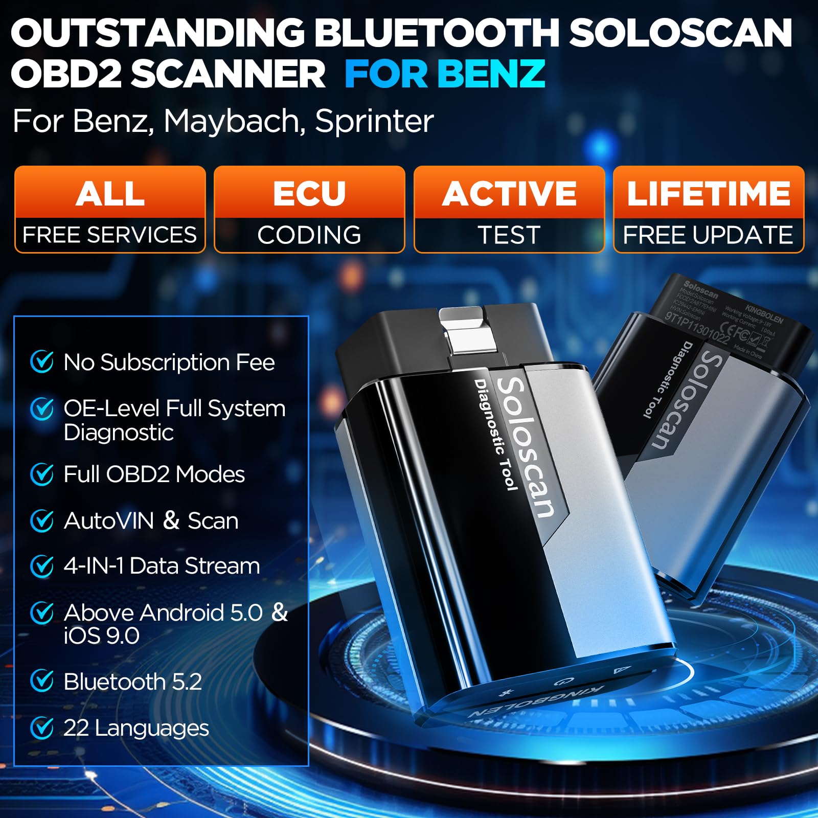 KINGBOLEN Soloscan OBD2 Auto Diagnostica per Benz/Maybach/Sprinter, Bluetooth Diagnosi Auto Professionale in Italiano, per Sistema Completo, 50+ Servizi, codifica ECU, Aggiornamento Gratuito a Vita
