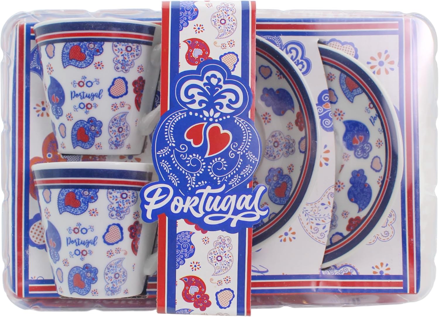 Supergalo Portuguese Espresso Cup & Saucer Set – Ceramic 2-Piece Gift Boxed Set, Assorted Portugal & Azulejo Tile Designs, 2.7 oz Cups with Matching Saucers (Blue Viana Heart Portugal)