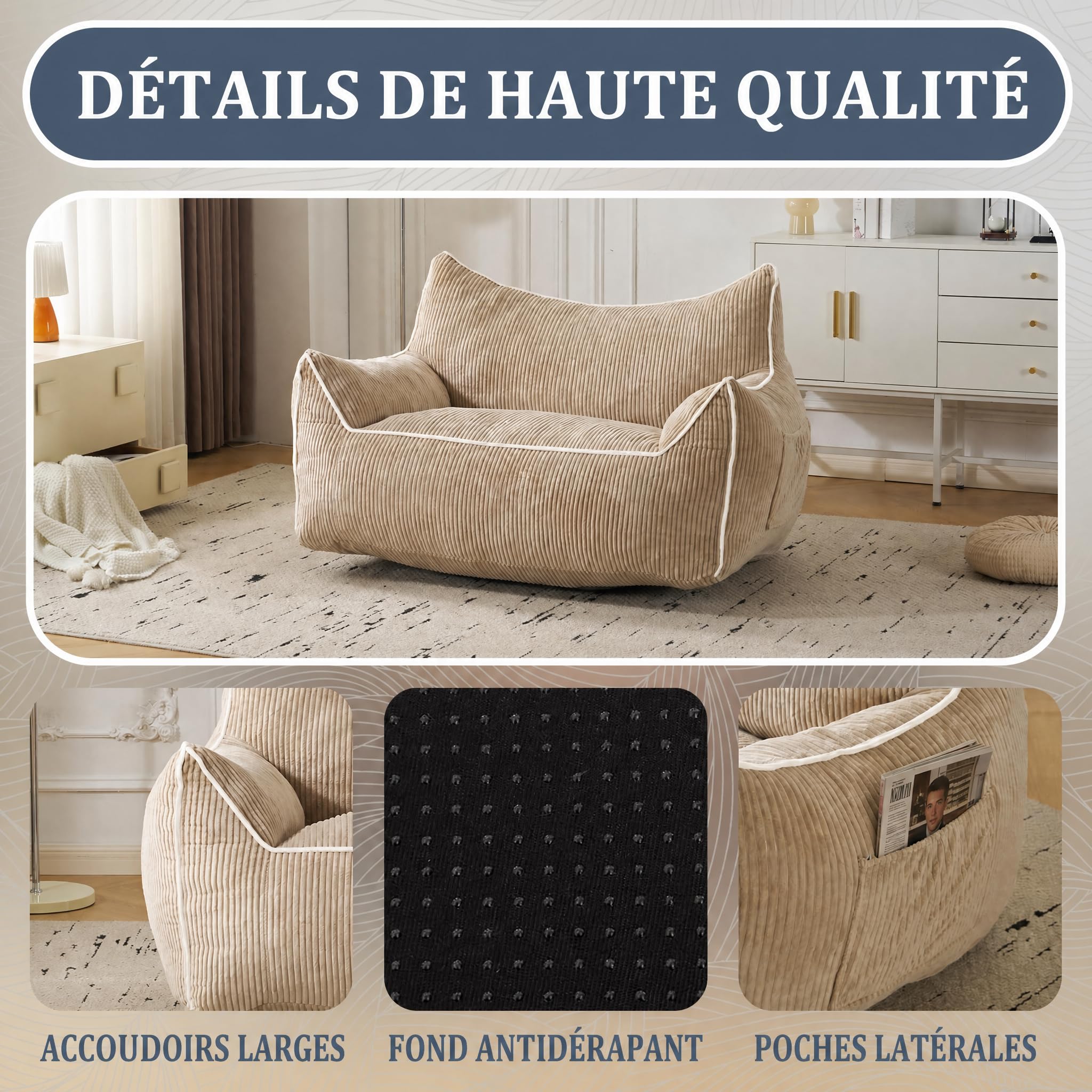 Pouf en Velours côtelé avec Dossier, Pouf pour Adulte avec Rembourrage, Grand Pouf en Fourrure synthétique, Fauteuil Confortable avec Mousse Haute densité, Chambre, Salon, Beige