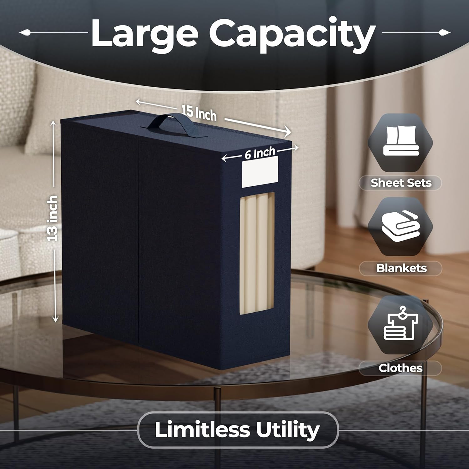 TIMBLE Bed Sheet Organizers & Storage, 10 Pack for King, Queen & Large Sheet Sets, Closet Organizer for Linens, Clothes, Blankets & Bedding, Foldable Fabric Bins with Handle, Name Tag & Window (Navy)