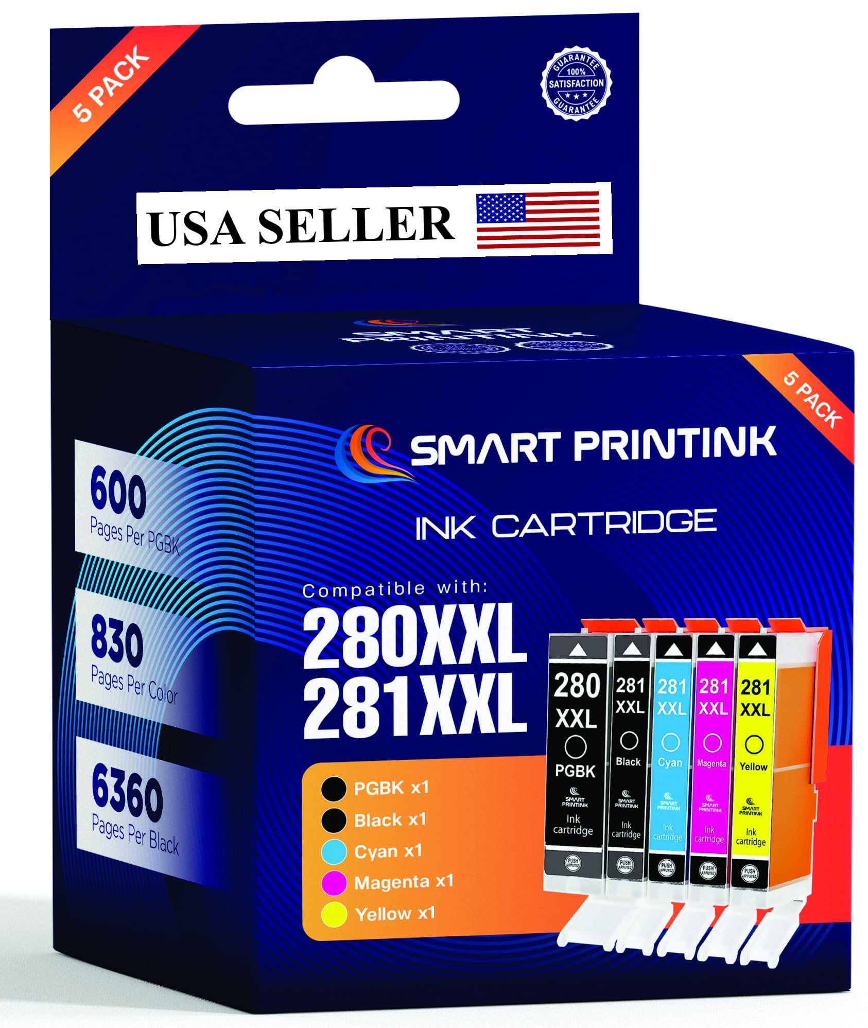 Smart Printink PGI-280 CLI-281 XXL 5 Color Value Pack Ink Cartridges Replacement for Canon 281 Ink 280XL pgbk Ink cartridges (Black & Tri Color)