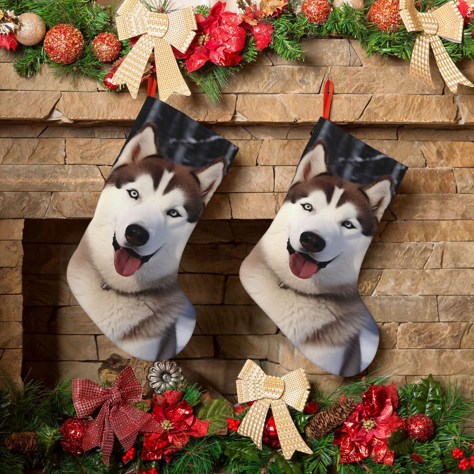 Huskies Christmas Stockings 18 Inches Velvet Xmas Fireplace Hanging Stocking Rustic Christmas Santa Stockings for Home Christmas Decorations Party Favor Supplies