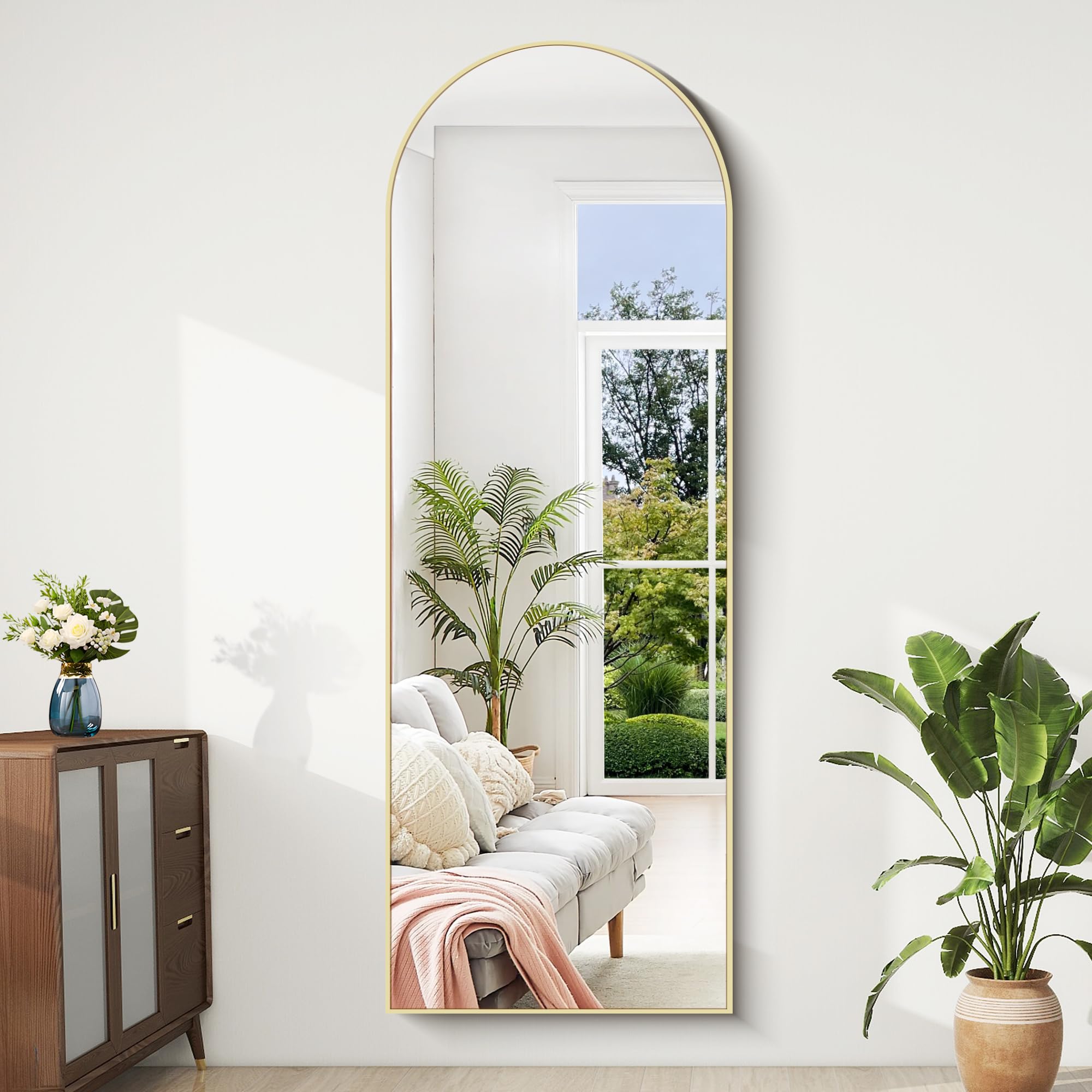BONEWEI Espejo de Pie Cuerpo Entero Curvado, Espejos Grandes de Pared con Marco de Oro Aluminio 161 x 52 cm, Espejo de Pie Inclinado o Colgante para Salón, Dormitorio, Entrada