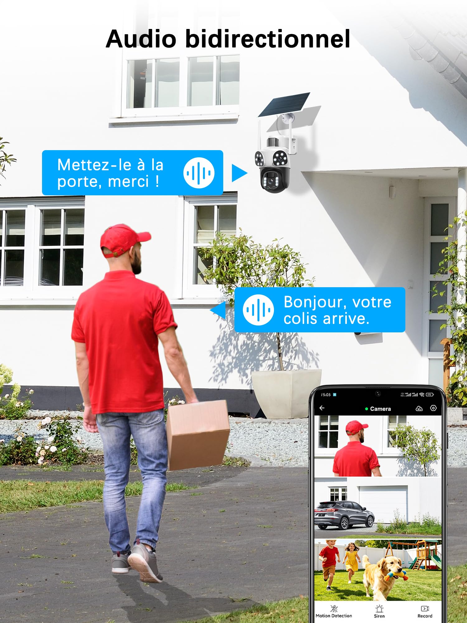 12MP Camera Surveillance WiFi Exterieure sans Fil,AOV 24/7,à triple objectif/Camera Solaire/Batterie,Suivi Automatique,360° PTZ Sécurité,Vision Vocturne,Audio Bidirectionnel,Alarme automatique,étanche