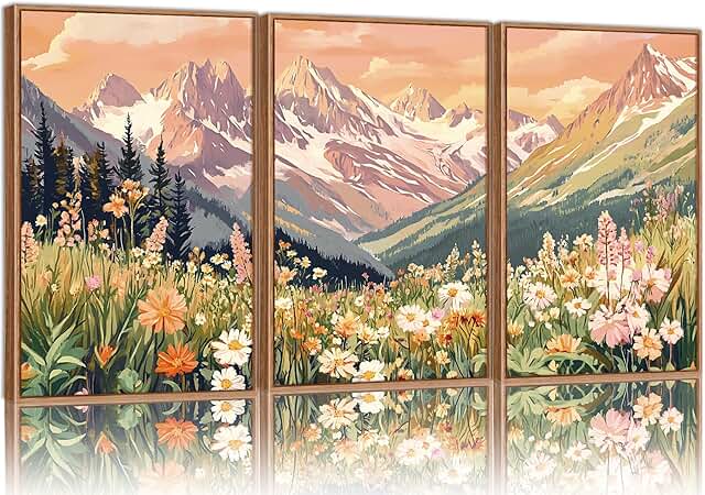SIGNINART Vintage Floral Framed Canvas Wall Art Set, Large Mountains Nat...