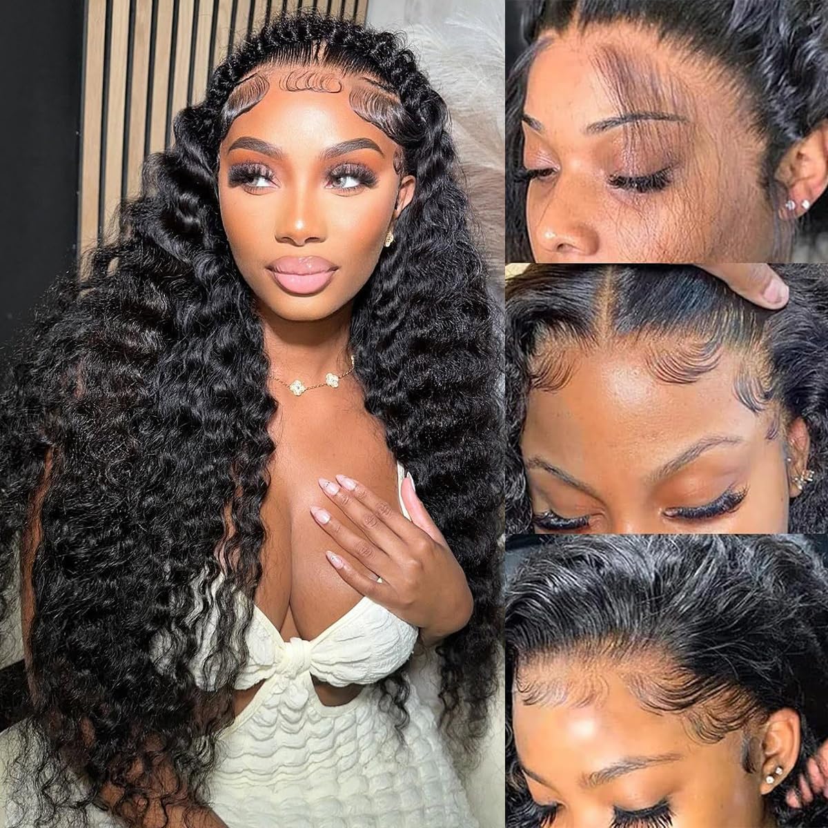 UFHUFH 28 inch Deep Wave Lace Front Wigs Human Hair 200 Density Curly Glueless Wet and Wavy Human Hair Wig Pre Plucked 13x4 HD Transparent Lace