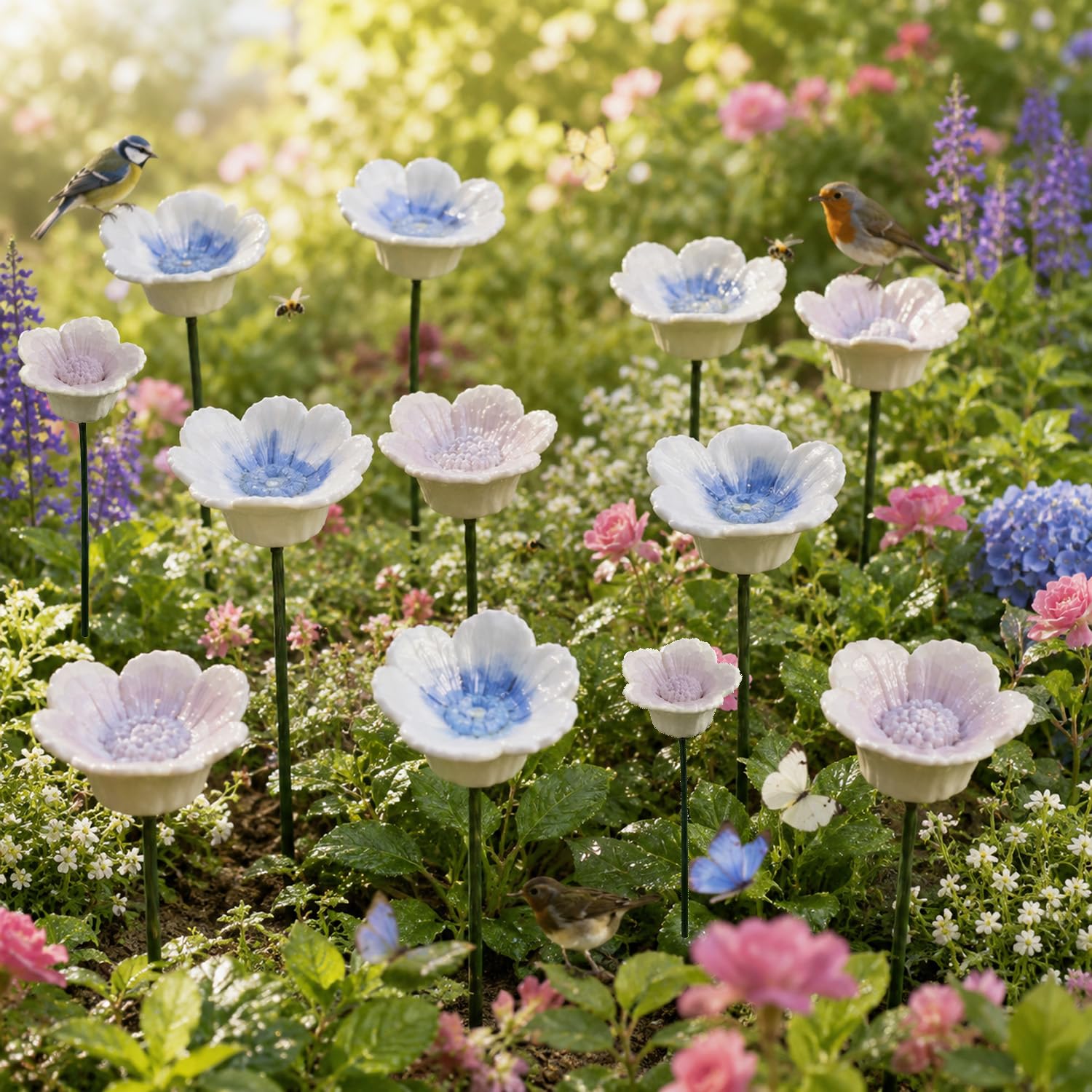 Ceramic Flower Pollinator Water Feeders, Outdoor Garden Stakes for Bees, Butterflies and Hummingbirds, Weather-Resistant Garden Decor for Pollinators (12 blue and pink flowers)