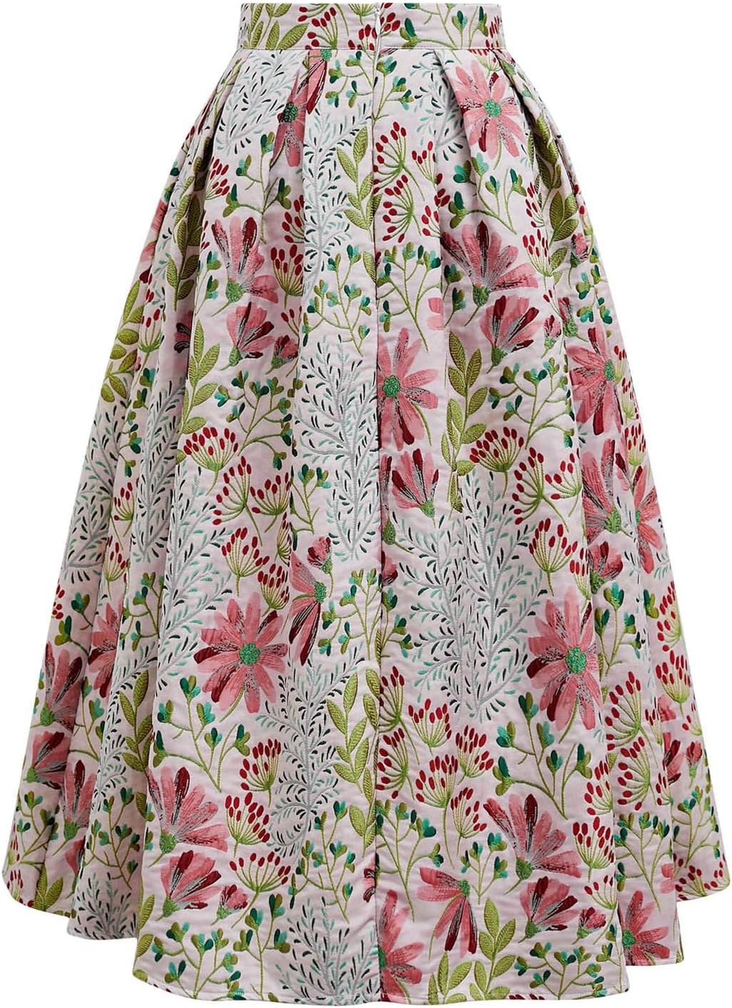 CHICWISH Women Daisy Field Pleated Midi Skirt Printed A-Line Casual High Waist Swing Flared Vintage Skirts with Pockets
