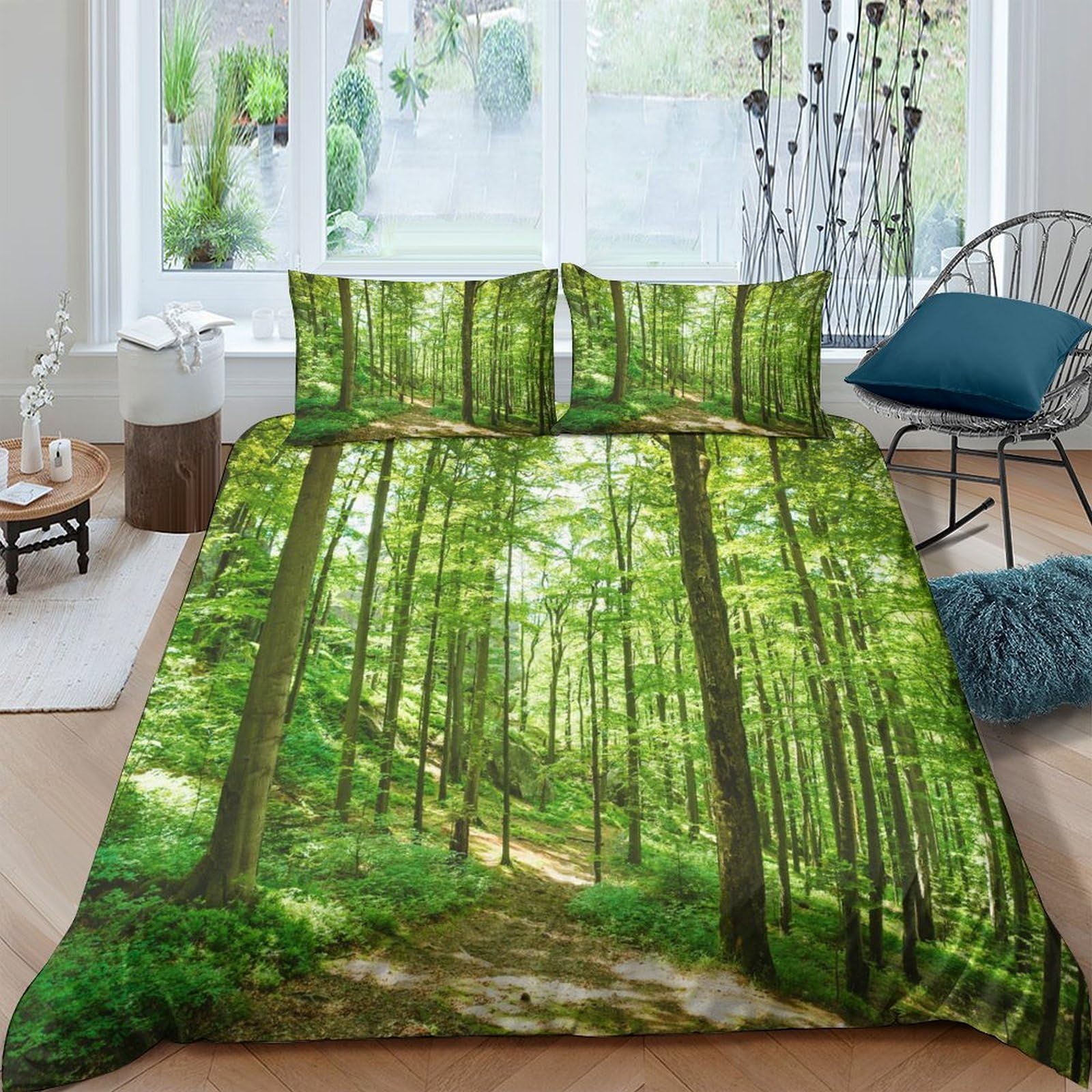 GPLZQXKJNH 3D Printed Forest Path Duvet Cover Microfiber Soft Breathable Woodland Tree Bedding Set with 2 Pillowcases for Bedroom Decor Single（135x200cm）
