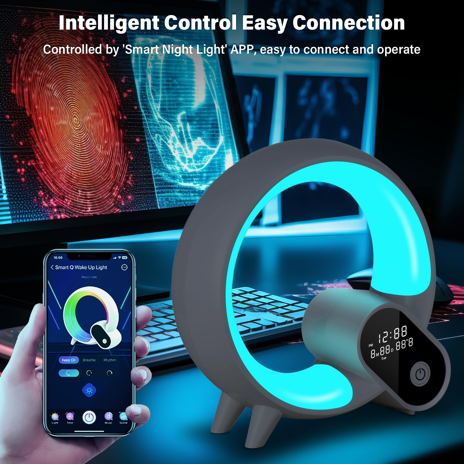 Sunrise Sveglia con luce sveglia – Smart Lights Sound Machine con controllo app, Bluetooth, ora, temperatura, visualizzazione della data, musica sonno atmosfera lampada