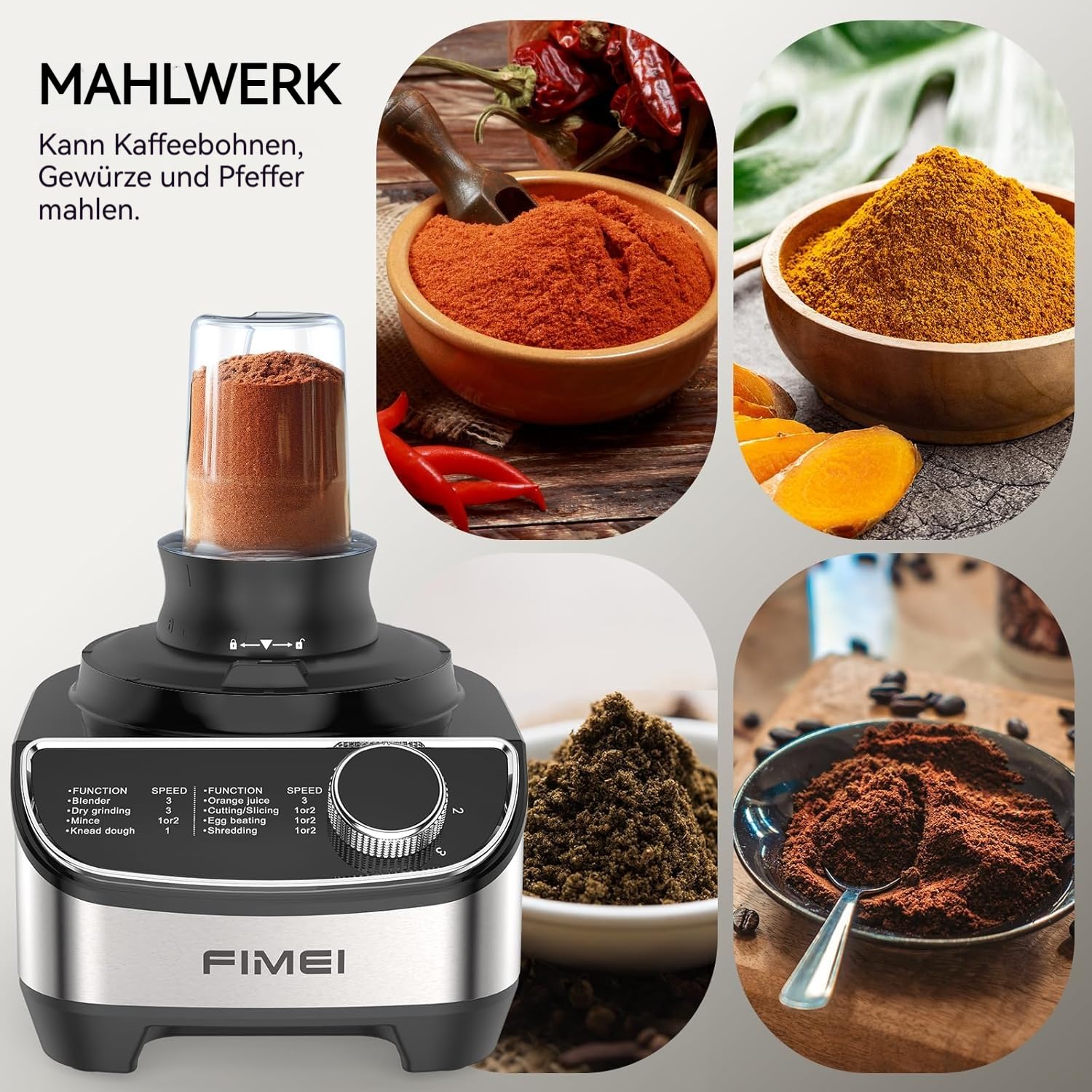 FIMEI Küchenmaschine 1300W, 3 Geschwindigkeiten und Impulsfunktion, 3,5L Zerkleinerer, 1,5L Mixer, Mühle, Zitruspresse, Teighaken, Schneebesen, Reibe, Wendescheibe, Food Processor
