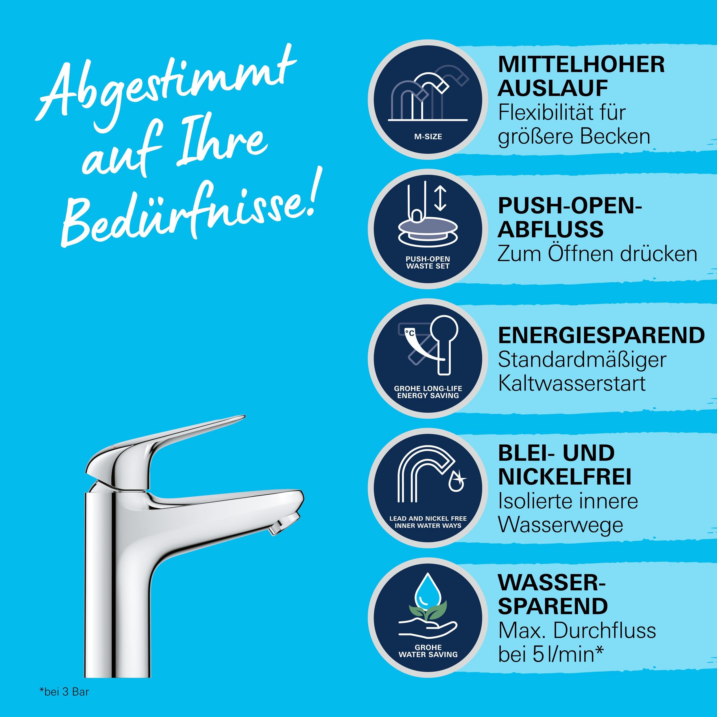 GROHE Swift, energiesparende Waschtischarmatur, Kaltwasser in Mittelstellung (Wasserhahn für Waschbecken, 18cm hoch, mit Pop-Up Ablauf, mit 3in1 Werkzeug, einfache Installation), chrom, 24329001