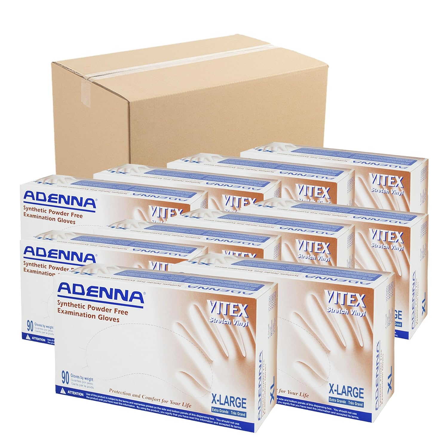 Adenna Vitex 4 mil Vinyl Powder Free Exam Gloves (Cream, X-Large)- (Pack of 10, 900 Count Total)