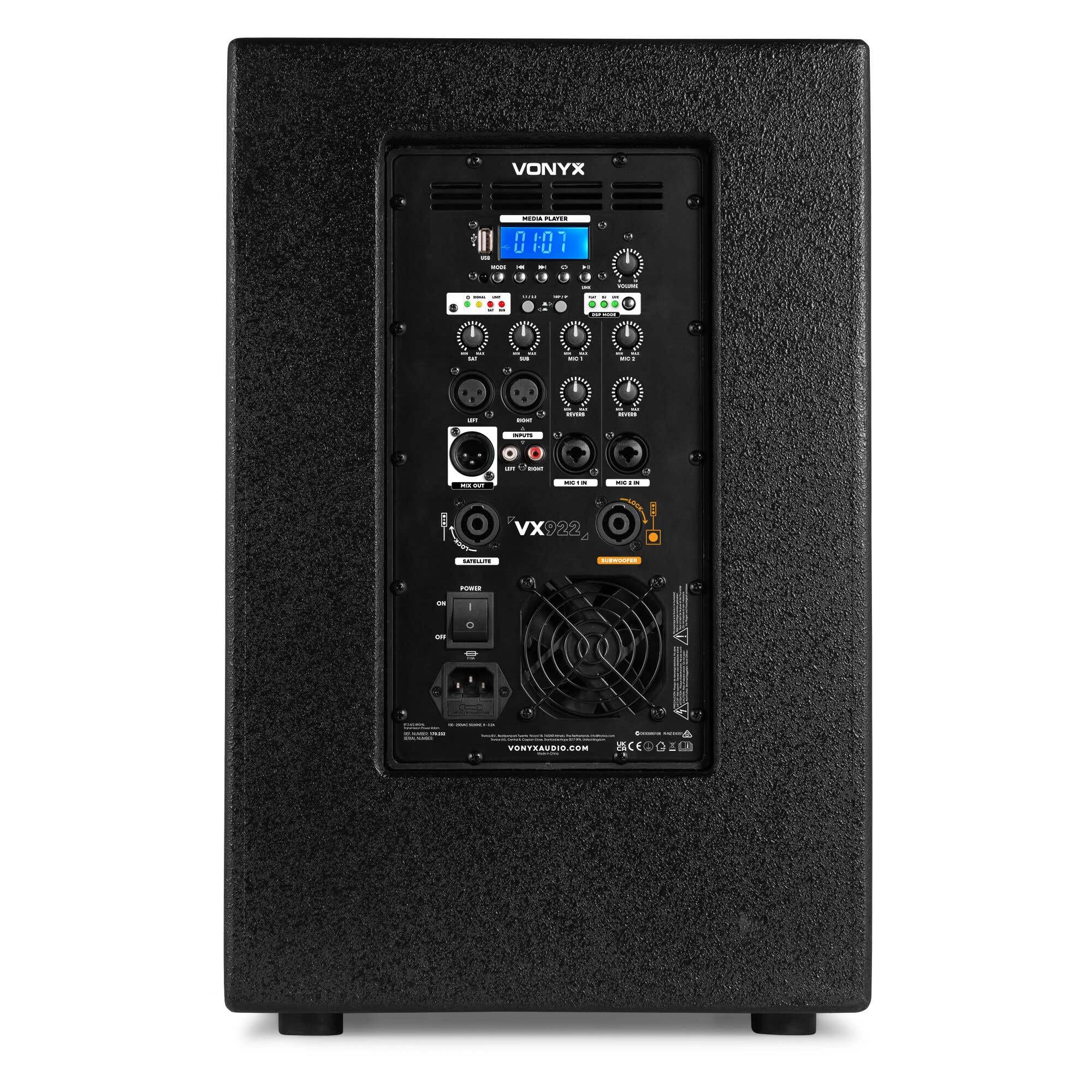 Vonyx VX915 – Sistema Line Array PA 2.1 con subwoofer Activo de 15 Pulgadas, 1400W, Bluetooth 5.0, reproducción USB, procesador DSP, Equipo Sonido DJ, Eventos, directos Profesionales