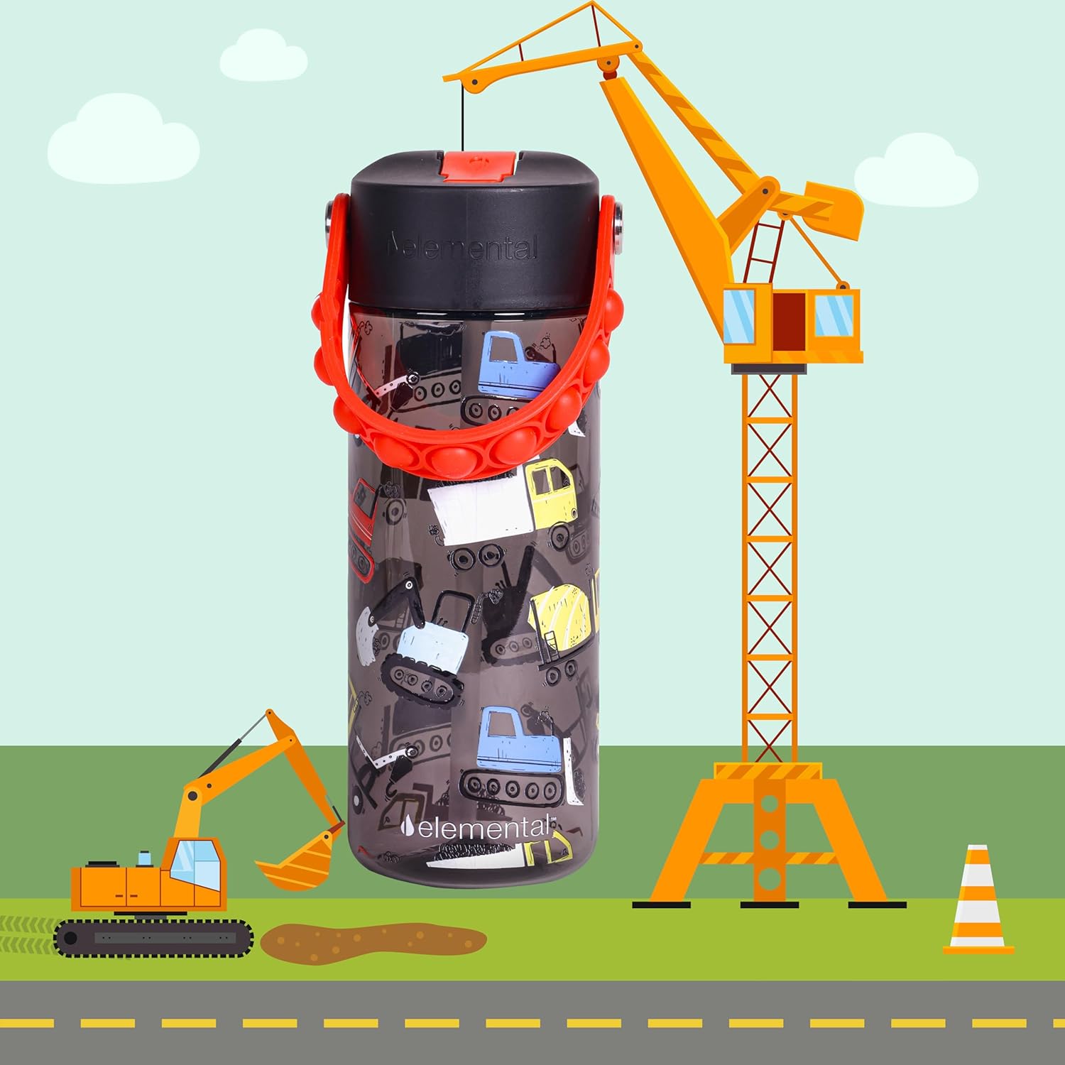 Elemental Water Bottles for Kids - Splash Kids Water Bottle for School with Pop-it Handle - BPA Free Tritan Plastic Water Bottle with Straw Leak Proof when Spout is Closed - Construction - 18oz - Image 7