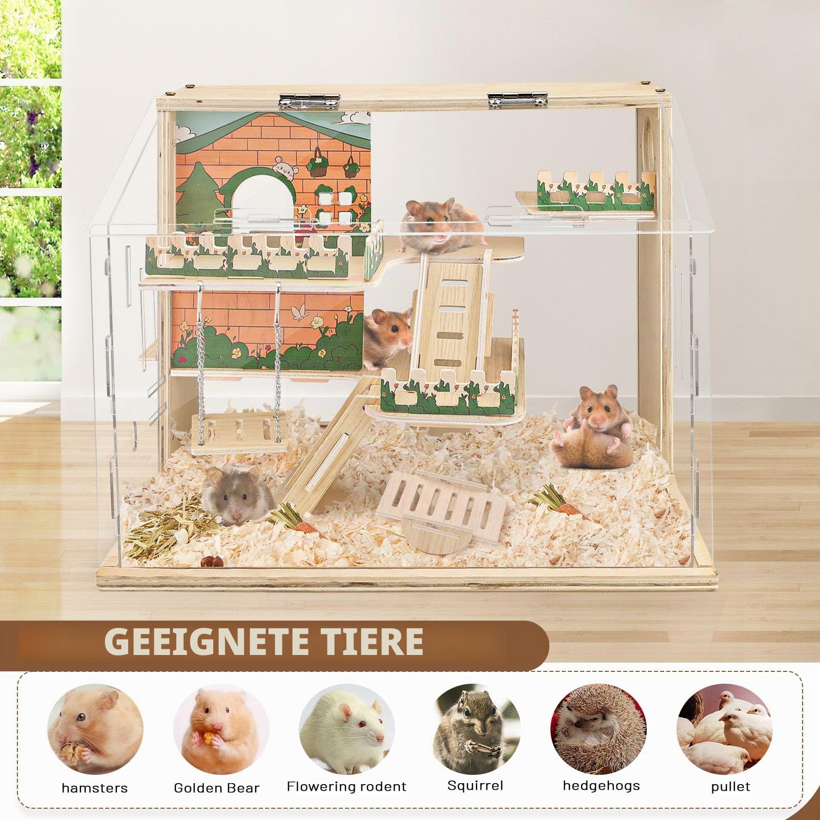 Hamsterkäfig Holz Groß 40.6 cm 3-lagiger Acryl Hamsterkäfig Kleintierkäfig mit Plattform und Laufstall für Direkte Beobachtung, Haustierbedarf