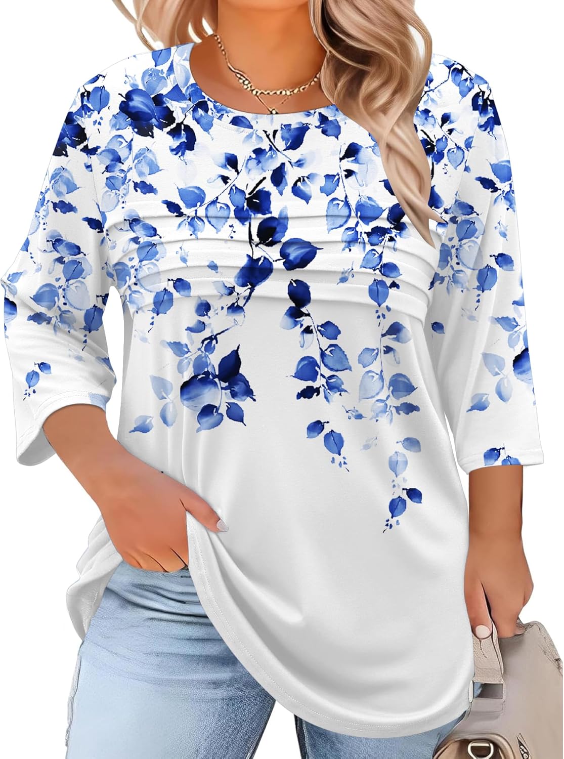 LOMON Plus Size Women Blouses 3/4 Length Sleeve Tops Crewneck Pleated Casual Tees Shirts 1X-5X