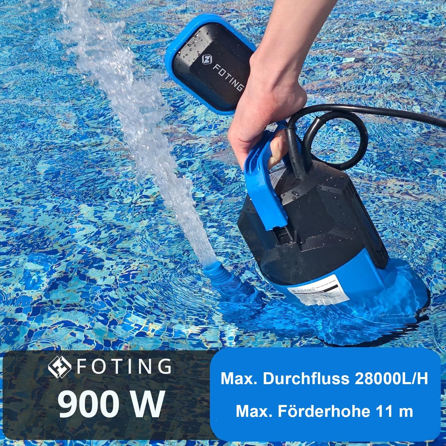 FOTING Bomba sumergible para aguas residuales, 900 W, 28.000 l/h, altura de extracción hasta 11 m, profundidad de inmersión hasta 7 m, con interruptor de flotador, para piscina, sótano y drenaje