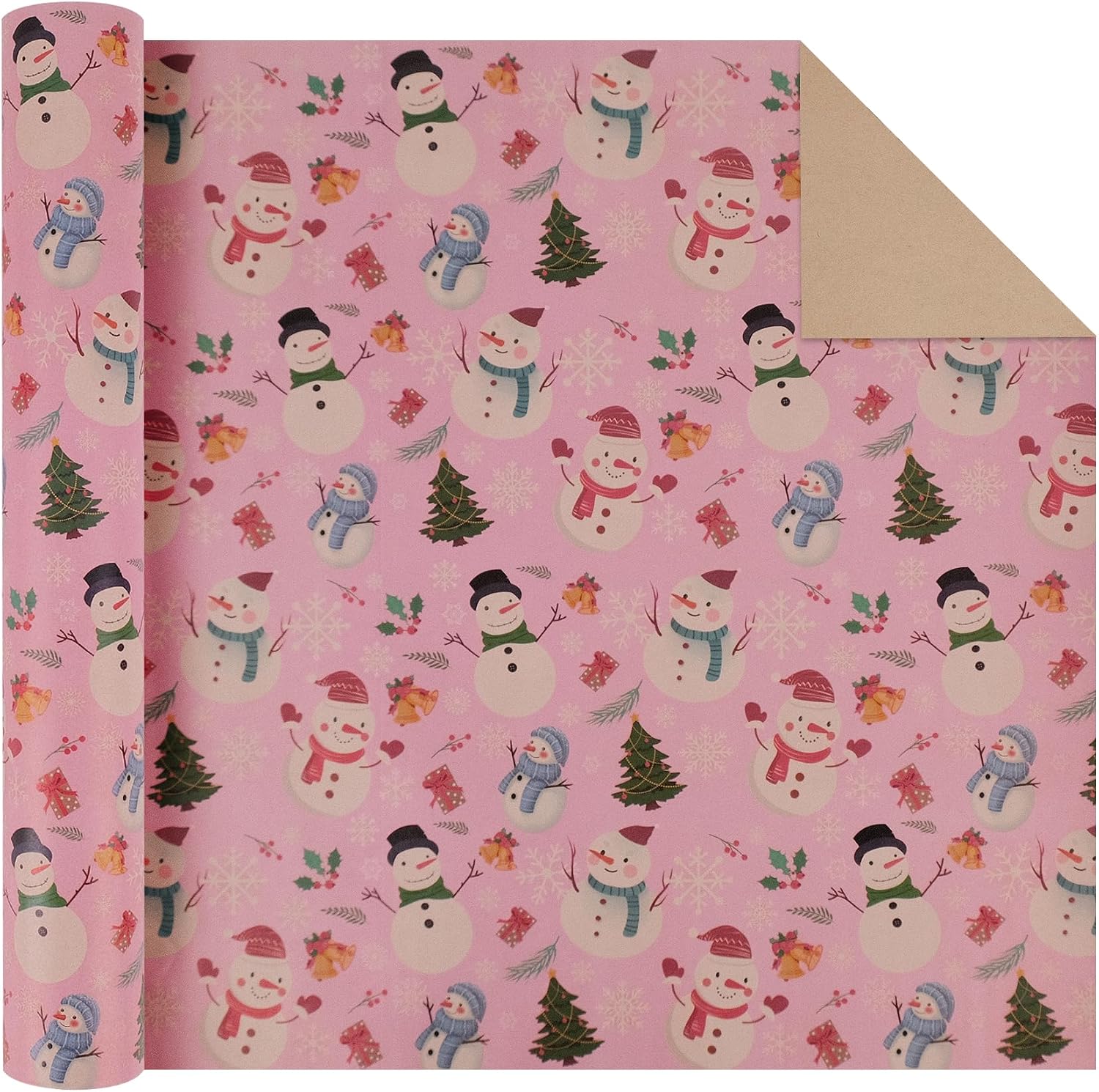 Aimyoo Pink Snowman Kraft Christmas Wrapping Paper Jumbo Roll, Snowflakes Xmas Gift Wrap Paper 17 in x 60 ft image 2