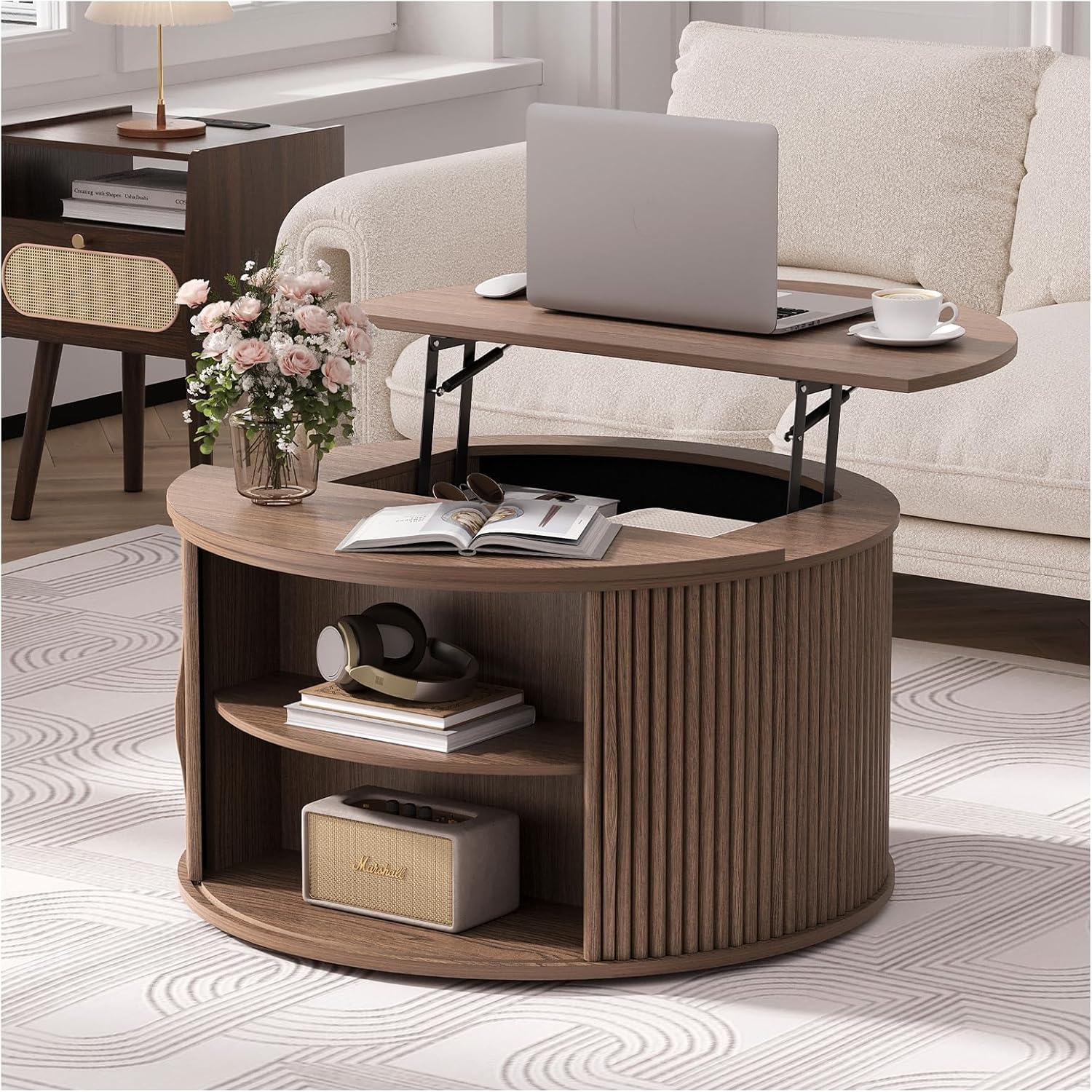 Round Coffee Table with Lifting Top,31.5”Mid Century Modern Lift Top Coffee Table with Hidden Compartment,Fluted Small Center Table for Living Room,Walnut Round_Lift Top Walnut