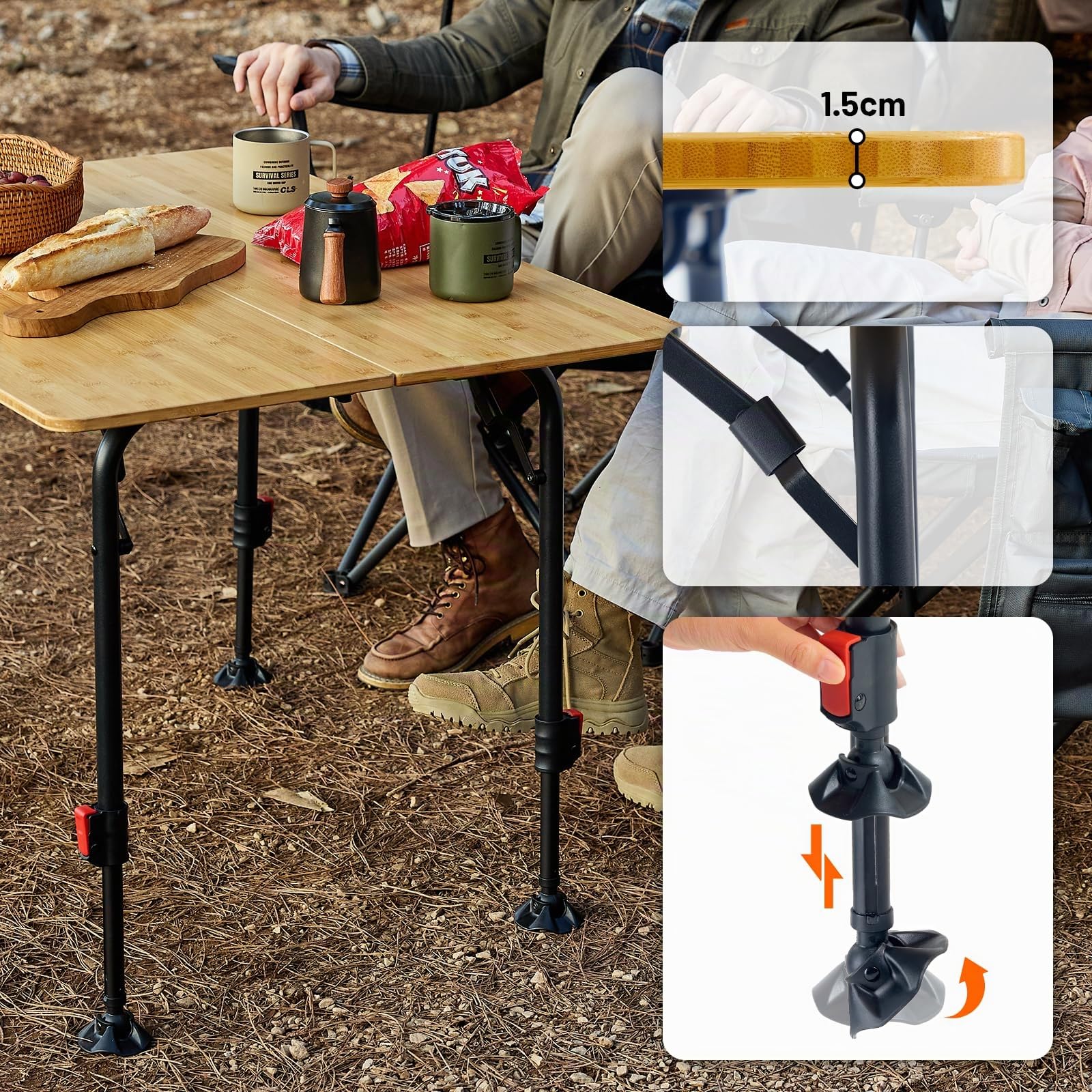 TIMBER RIDGE Mesa de camping plegable de bambú, altura regulable