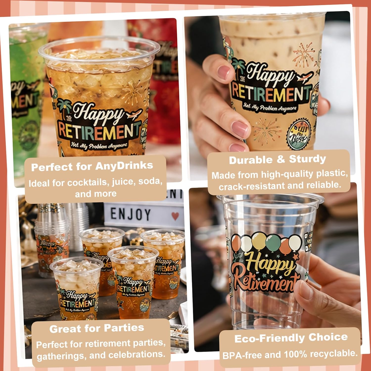 Retirement Party Cups 60 Pack, 12 oz Disposable Plastic Cups for Party Supplies, Happy Retirement Drinking Cups for Men Women Celebration Decorations