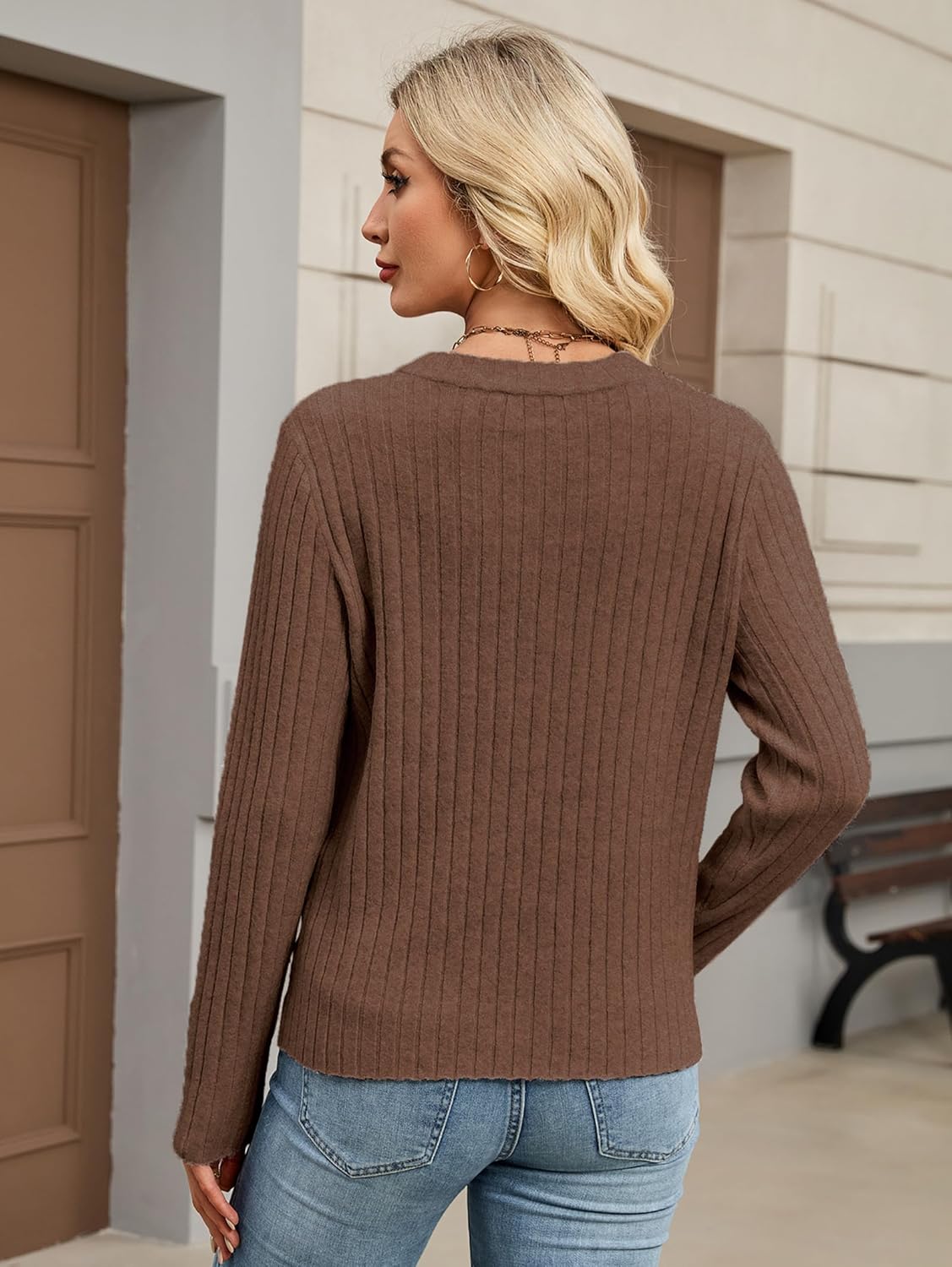 SunnyMelody Womens Casual V Neck Ribbed Knit Long Sleeve Sweater Fall Tops 2025 Trendy Lightweight Sweaters - Image 3