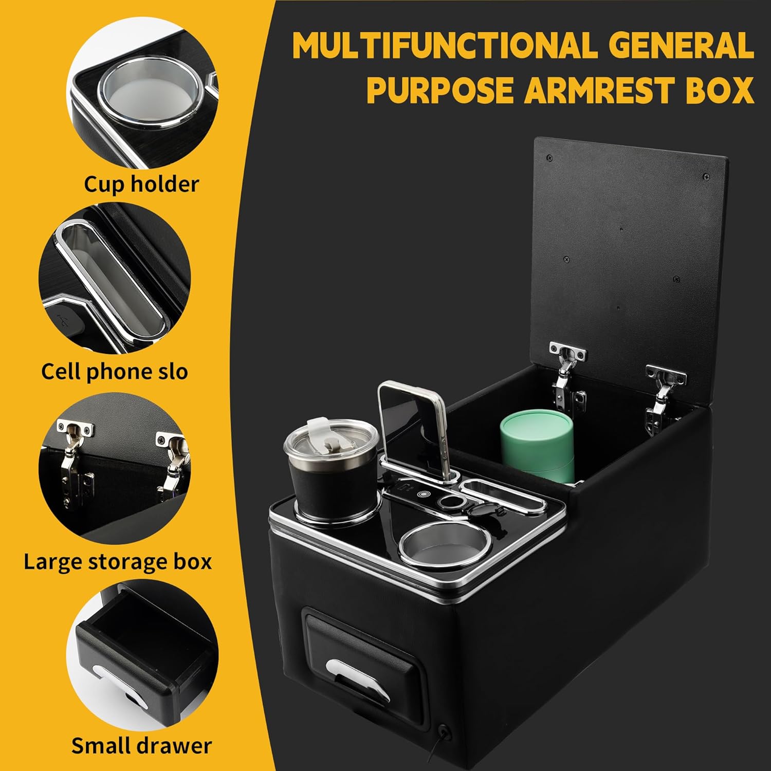 Center Console Organizer Center Console, Lighting with Fast Phone Charger, Spacious Storage Drawer, Cup Holders, Phone Slots, Armrest for Rear Bench Seat Car Interior Accessories