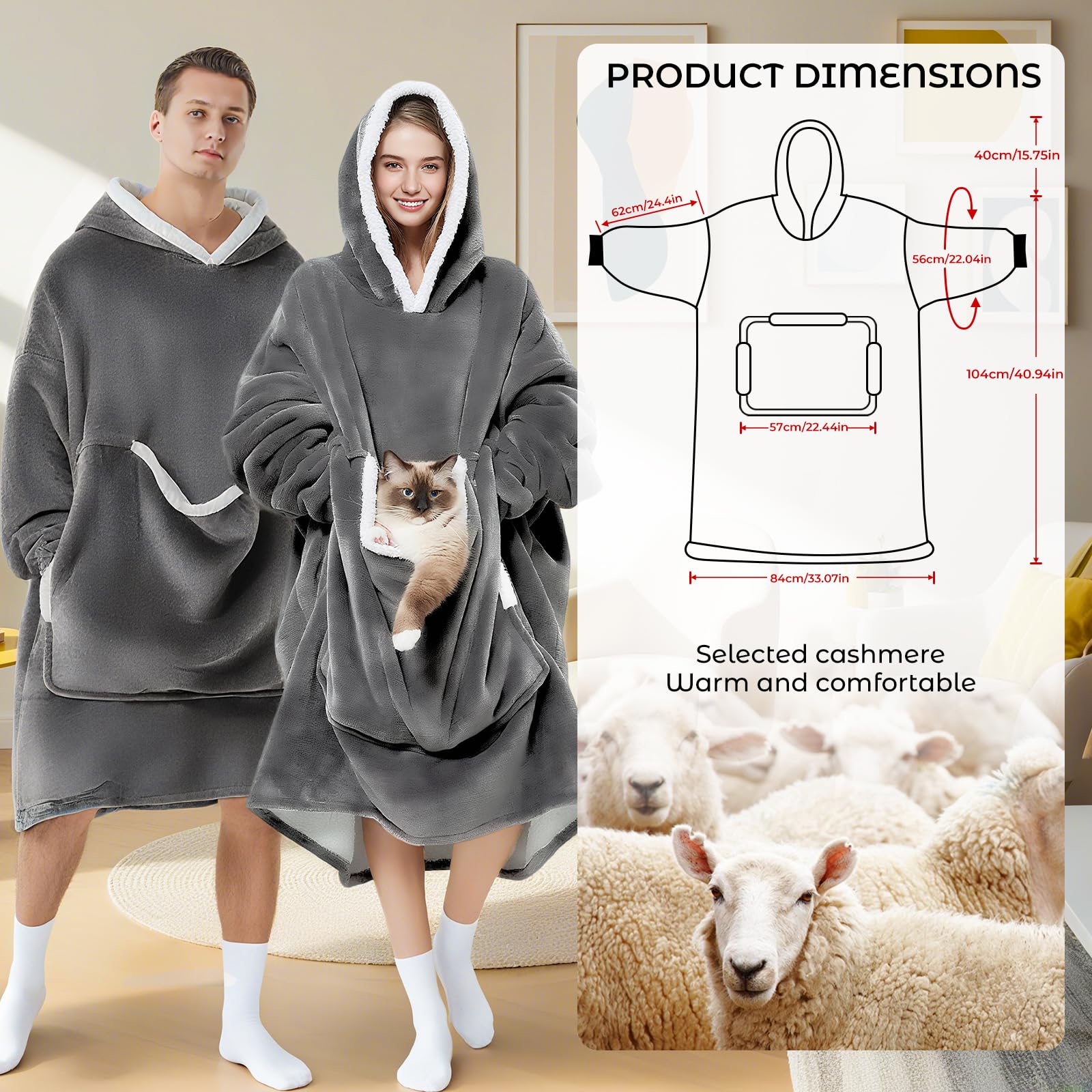 auvstar Manta de Sudadera Gigante con Capucha, Manta de Gran Tamaño Sudadera con Capucha Sherpa con Bolsillo Frontal, Suave Cálida Cómoda, Talla Única para Adultos, Hombres, Mujeres, Adolescentes