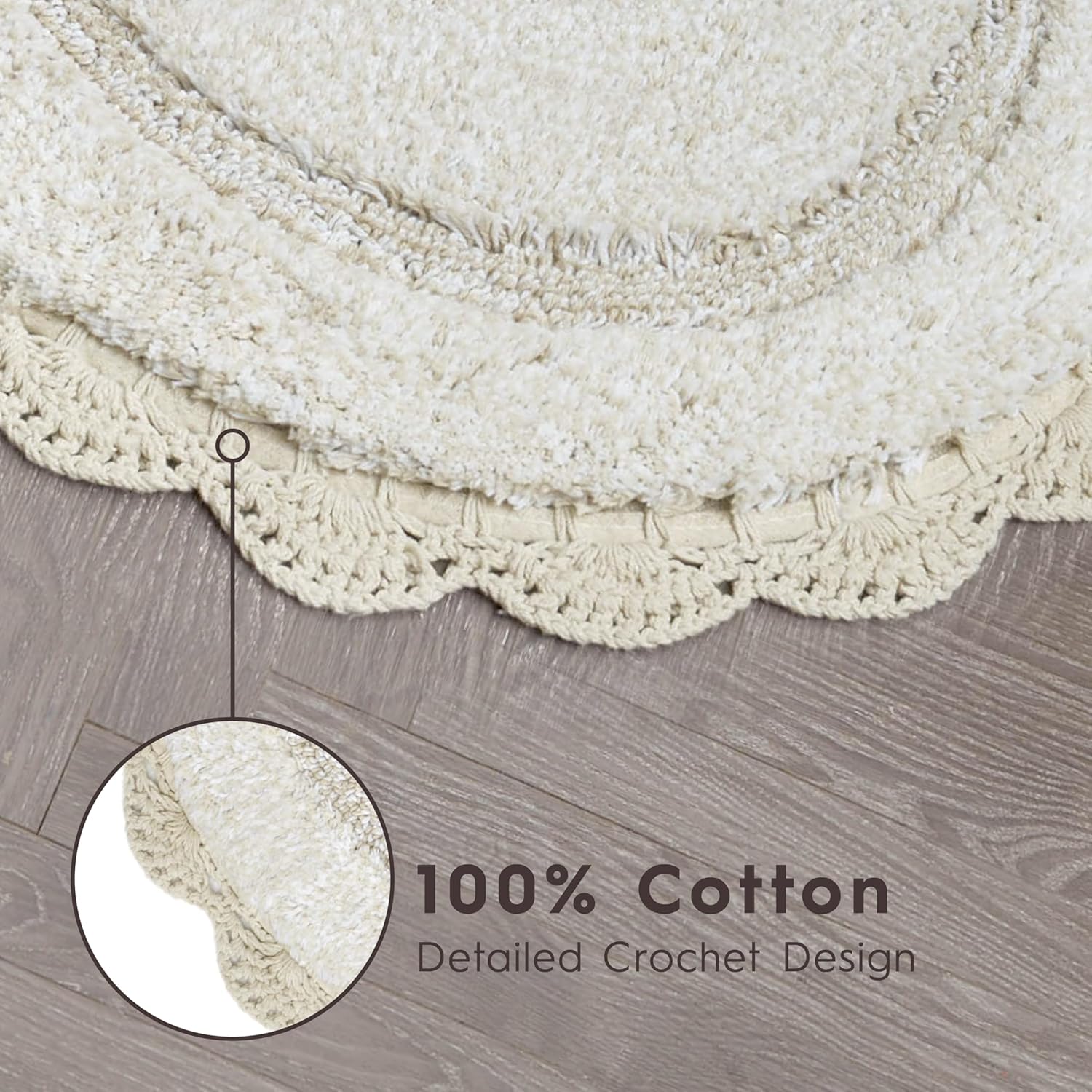 Laura Ashley Eloise 100% Cotton Round Bath Mat with Crochet Border, Soft & Absorbent, Sandshell Beige 26" Bathroom Rug