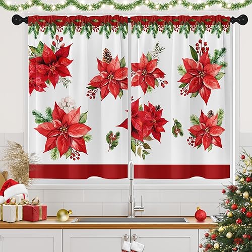 Juego de 2 cortinas de cocina botánicas florales de Navidad, cortinas cortas con flores de árbol, cortinas de ventana para decoración de cocina,