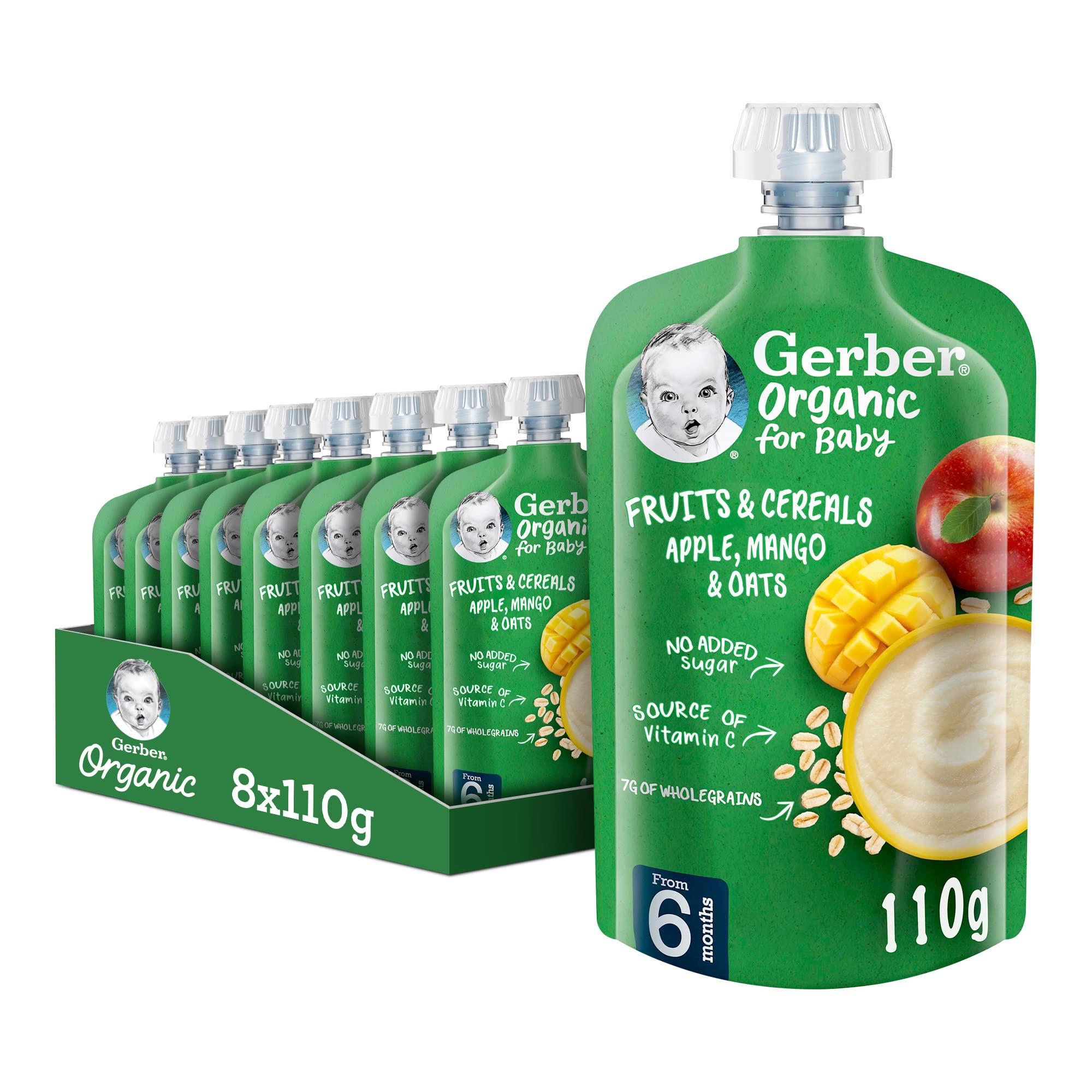 Nestle Gerber Organic For Baby Fruits & Cereals – Apple, Mango & Oats 110g (8 Pouches)