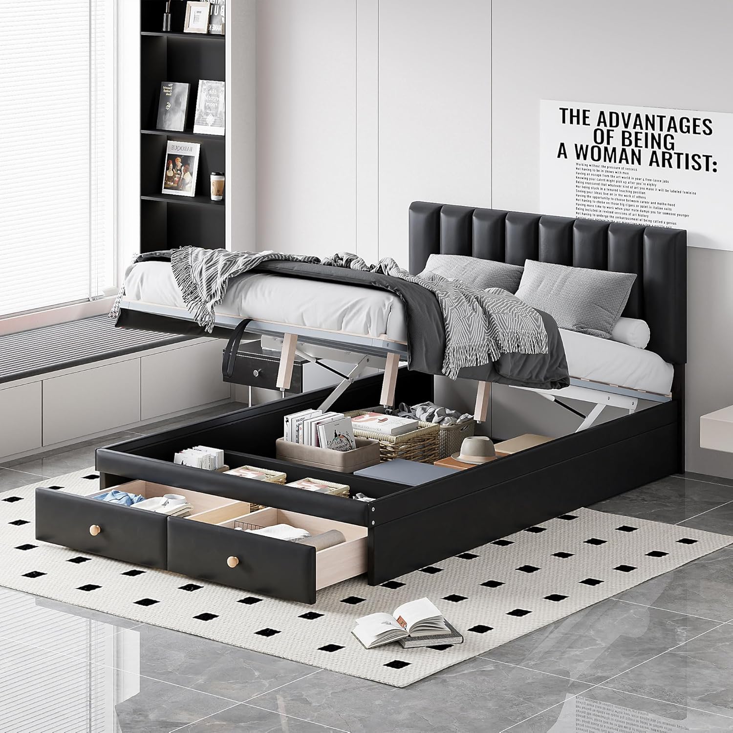 Kaimei Black Hydraulic Storage Platform Bed with Drawers