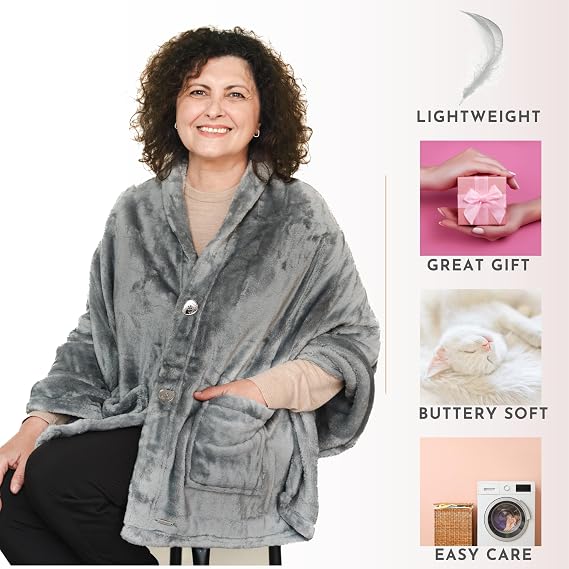 EzrAllora Fleece Poncho Blanket - Drape&Go No Sleeves- Lightweight Wrap Shawl - Wearable Blanket - Easy On Easy Off