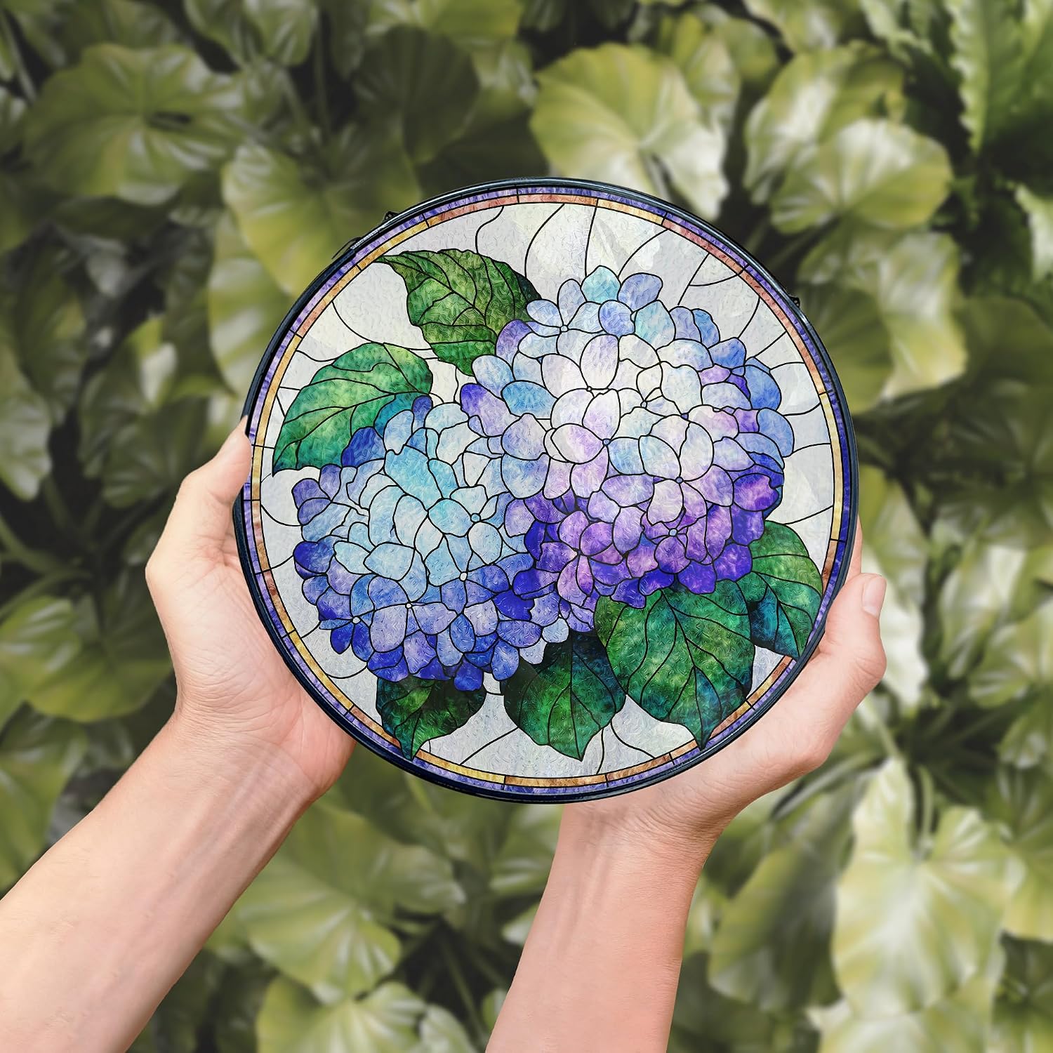 Blue Hydrangea Flower Stained Glass Window Hanging, Hydrangea Suncatcher, Cottagecore Floral Sun Catchers Indoor Window Glass Wall Art Hanging Decorations, 7.9x7.9in