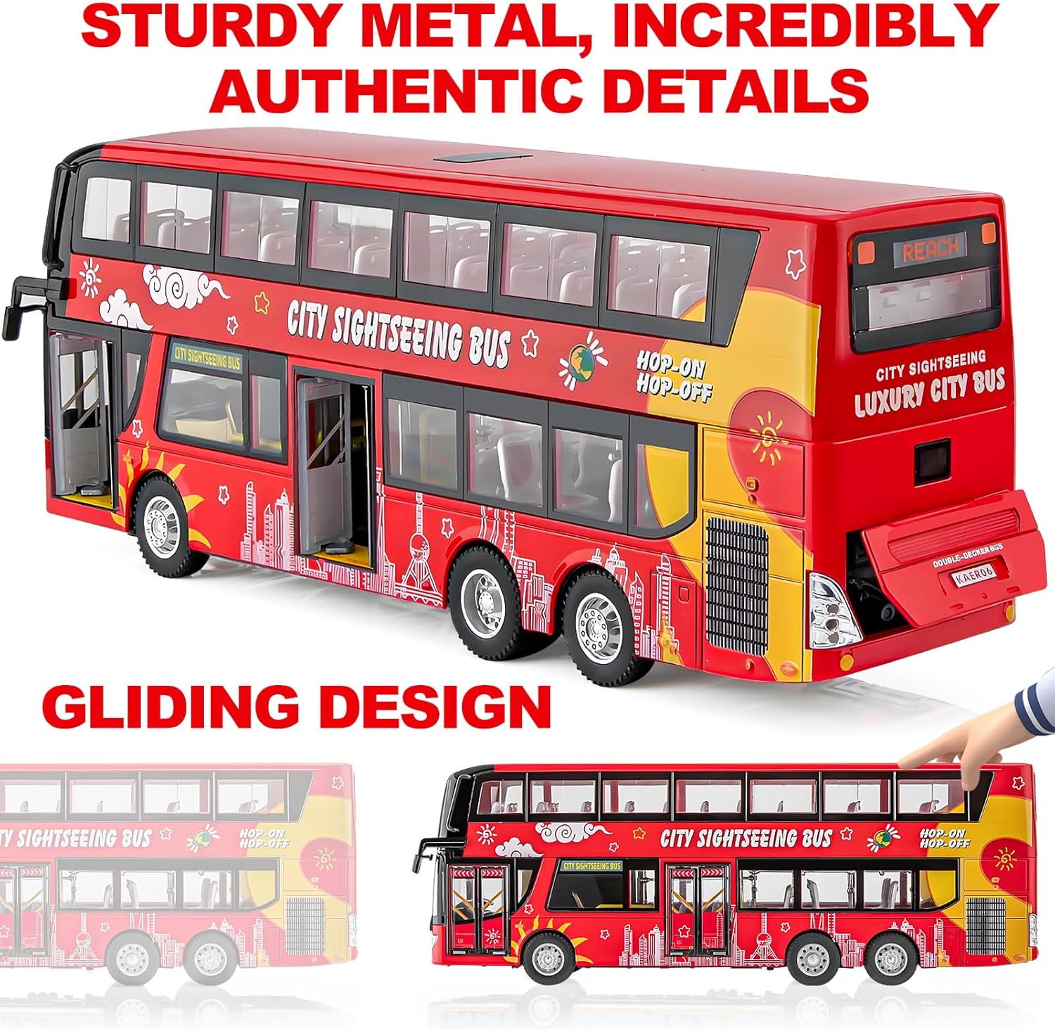 1/42 Diecast Bus Toys Cars, Metal Double Decker City Bus Vehicles with Light Up and Open-able Doors, Realistic Alloy Car Model for Kids Boys Girls, 11.5" (RED)