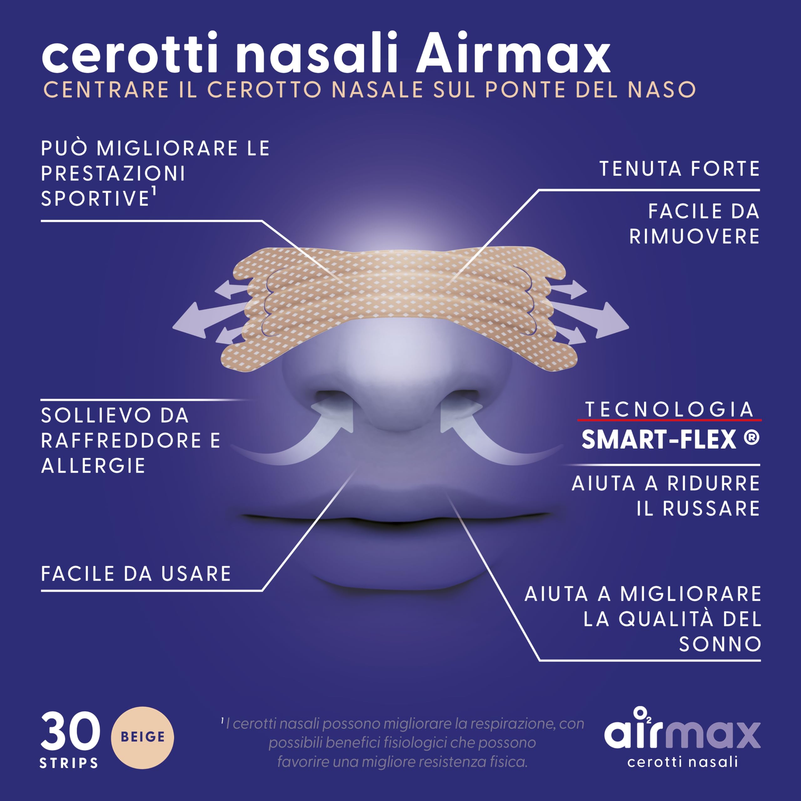 Air Max cerotti nasali - 30 pezzi Tan extra resistenti - Dormire meglio, anti russamento, allevia la congestione nasale e l'uso sport - Funziona all'istante - Aumentare il flusso d'aria