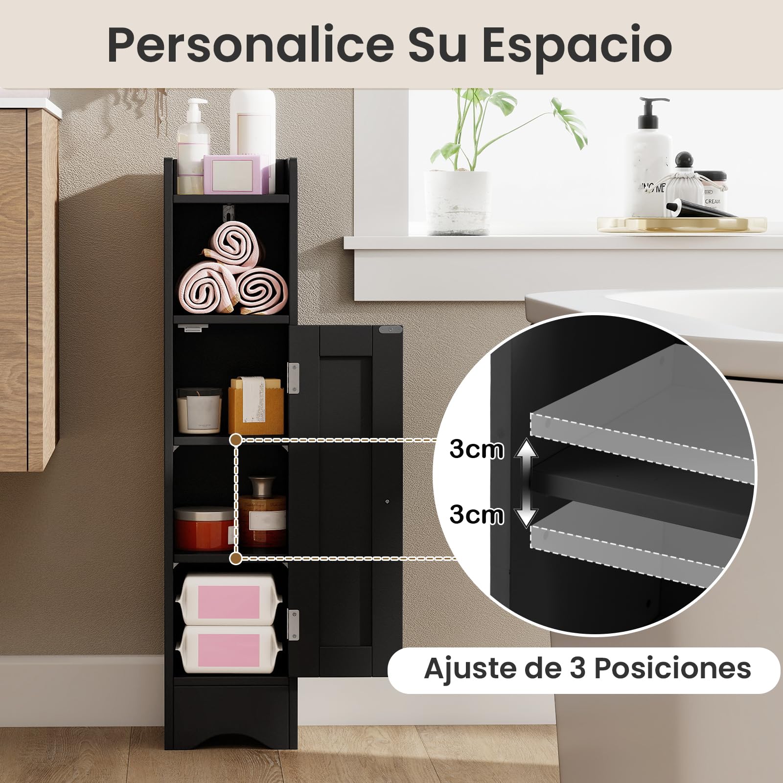 GIANTEX Armario Estrecho de Baño con Puerta, Mueble Organizador para Papel Higiénico con 5 Estantes de Almacenamiento, 2 Estantes Ajustables, 18 x 19,5 x 80 cm, para Salón, Lavandería (Negro)