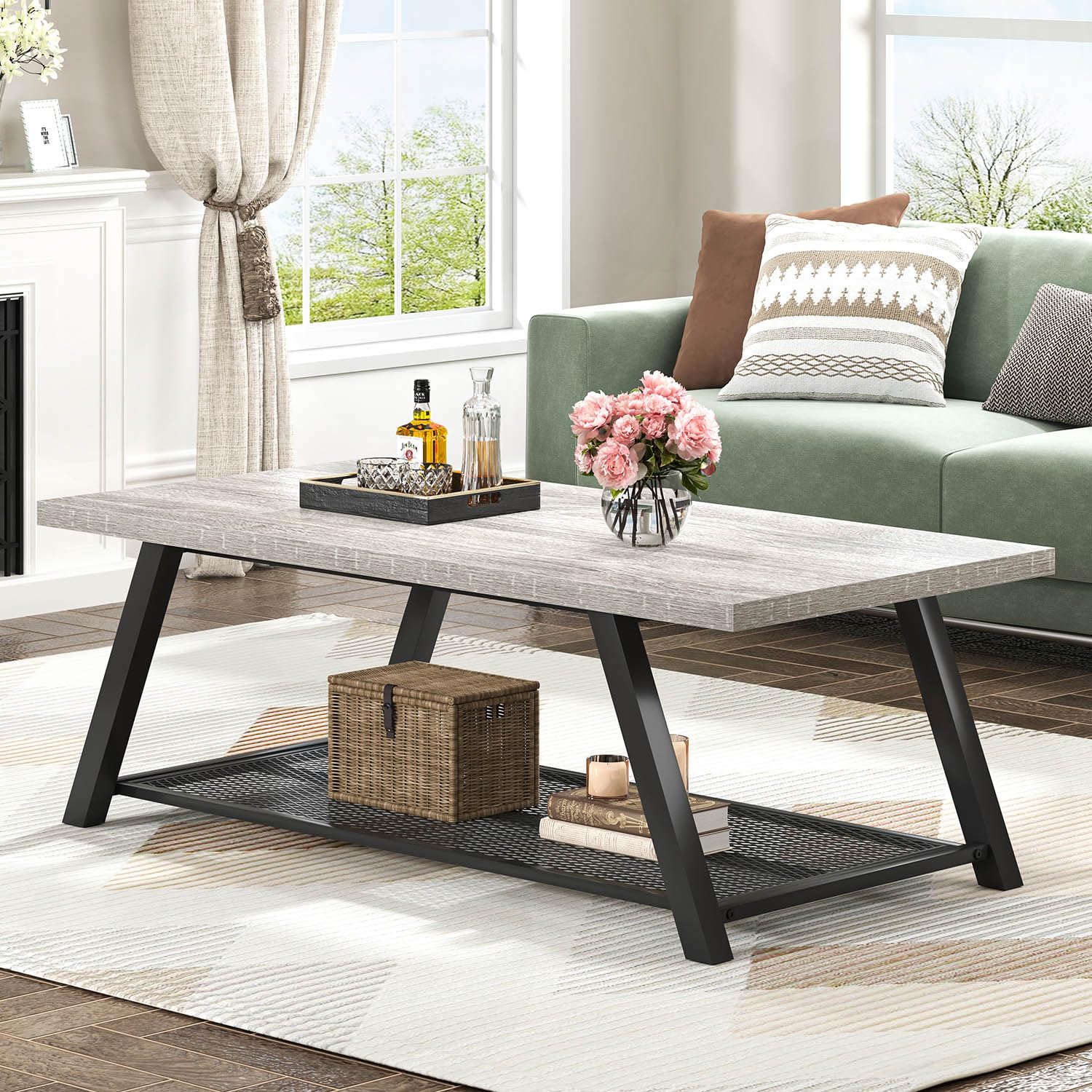 FOLUBAN Industrial Coffee Tables for Living Room with Storage Rustic Wood and Metal Coffee Table Modern Rectangle Center