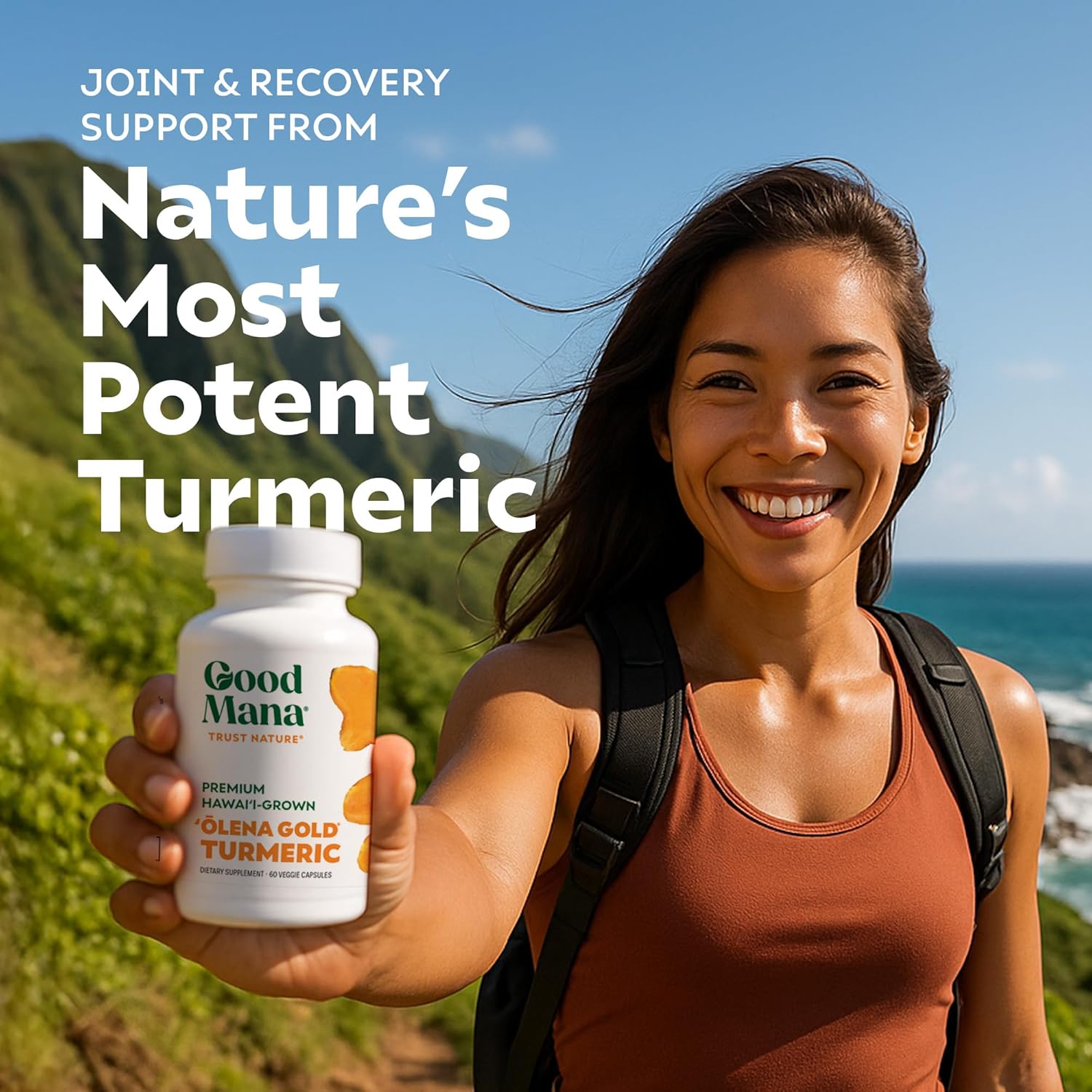 Good Mana Olena Gold Hawaii-Grown Turmeric Supplement - Organic Turmeric Curcumin with Black Pepper - Joint Support & Inflammation Relief - 60 Vegan Capsule