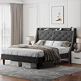 Full Bed Frame with Luxury Wingback Upholstered Button Tufted Storage Headboard, Full Platform Bed with Charging Station, Sturdy Wooden Slats Support, Noise-Free, Easy Assembly, Dark Gray