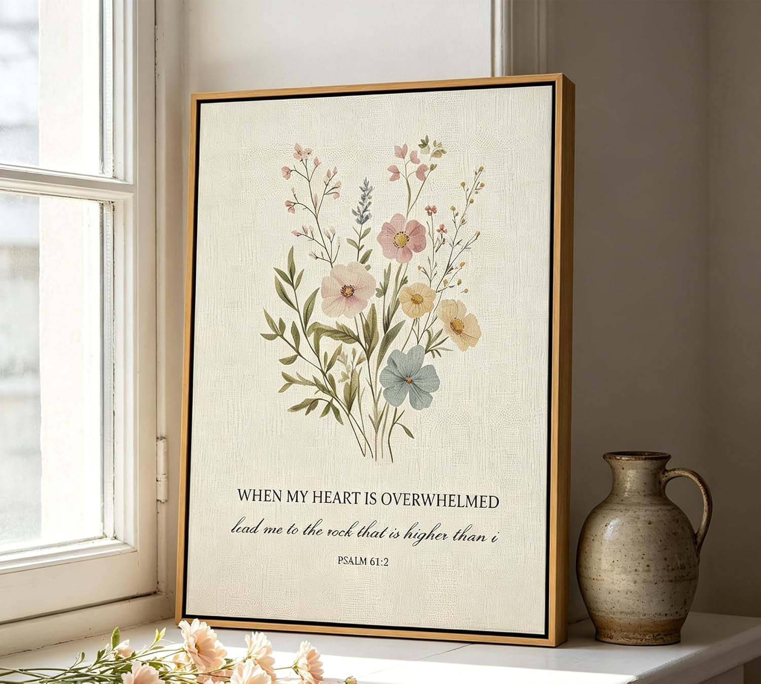 When My Heart is Overwhelmed - Psalm 61:2 Framed Canvas Wall Art, Watercolor Wildflower Bible Verse Print, Christian Religious Wall Decor for Bedroom Living Room, 12x16 Inch Natural Wood Frame