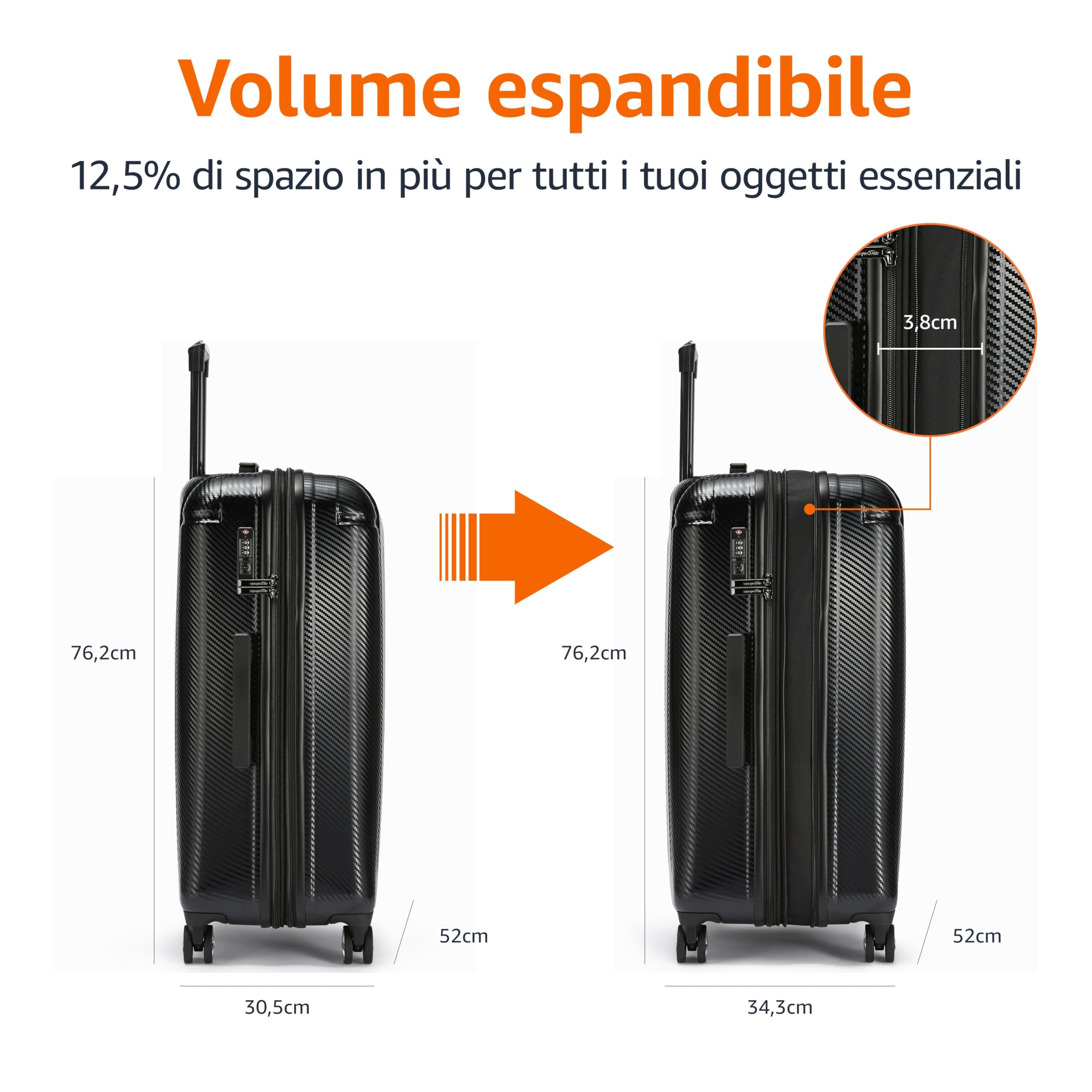 Amazon Basics - Valigia Rigida Grande con Ruote, Oxford con Lucchetto Approvato TSA, Quattro Ruote Piroettanti e Superficie Antigraffio, 76 cm, Nero