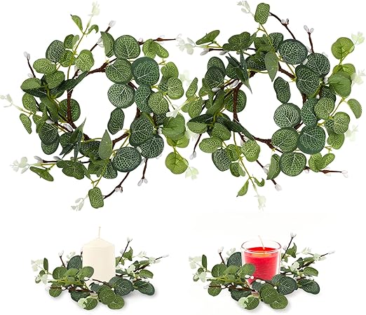PATKAW 2Pcs 5.89inch Artificial Eucalyptus Wreath for Front Door Eucalyptus Farmhouse Candle Holder Eucalyptus Candle Ring Spring Summer Green Wreath for Window Party Home Decor