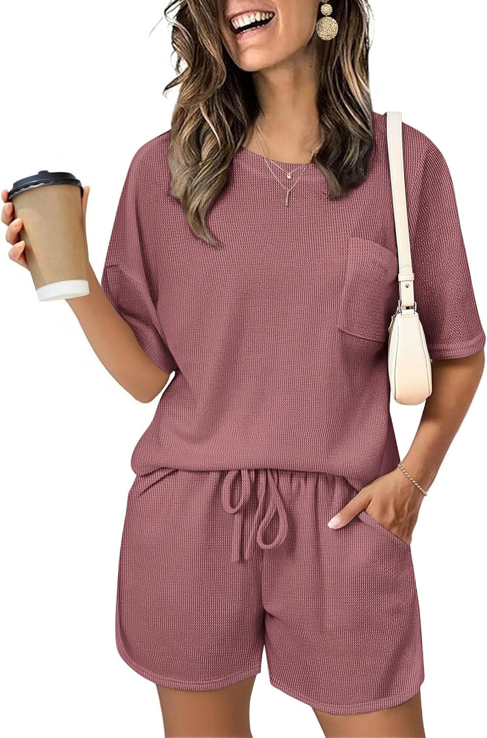 JiniGolla Women's 2 Piece Outfits Waffle Knit Casual Short Sleeve Pullover Tops and Drawstring Shorts Pants Lounge Sets