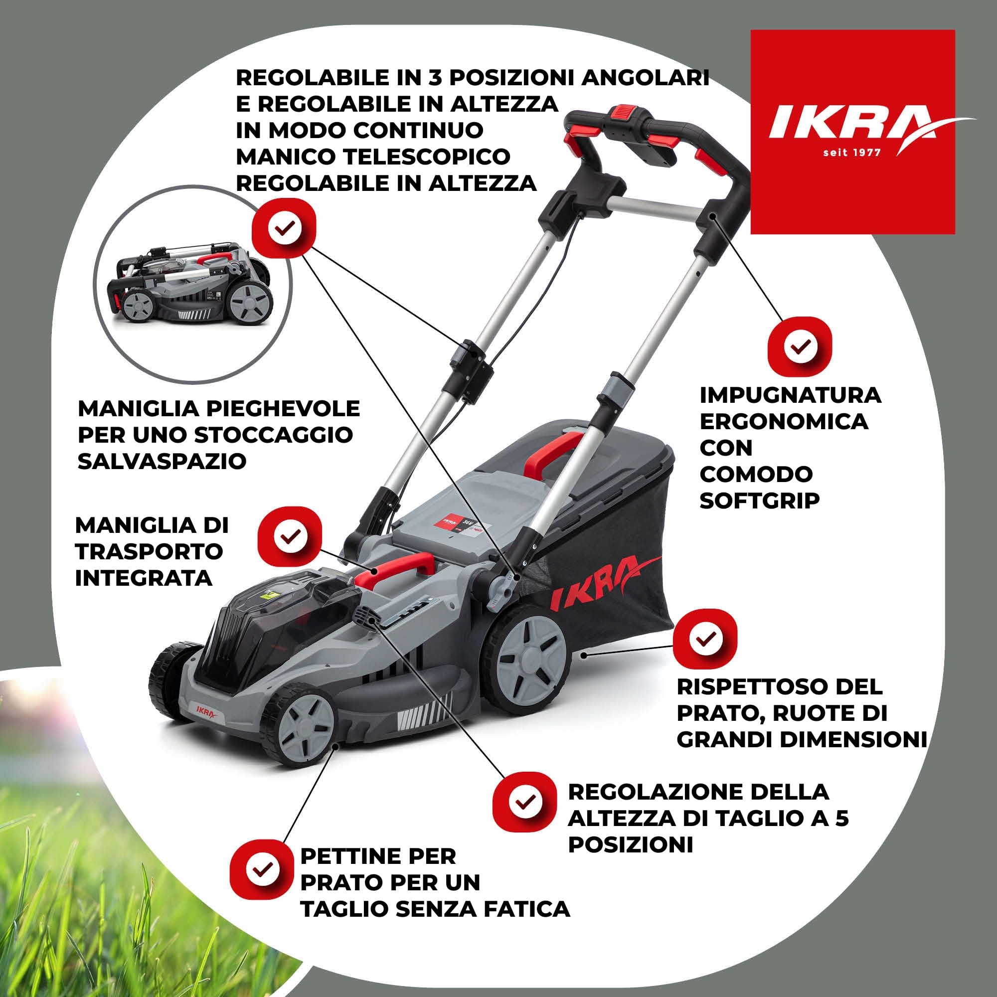 IKRA 36V tosaerba a batteria mulching 3in1 IB-LM 38, prati fino a 400 m², larghezza di taglio 38 cm, altezza di taglio 30-75 mm, compatibile con Bosch